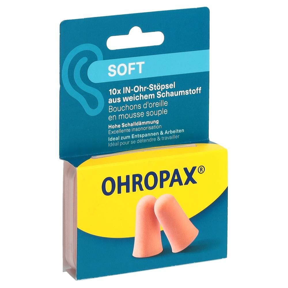 Verpakking van OHROPAX® oordopjes. Twee roze oordopjes voor de verpakking. Opschrift: OHROPAX®, 10x oordopjes, zacht schuim.