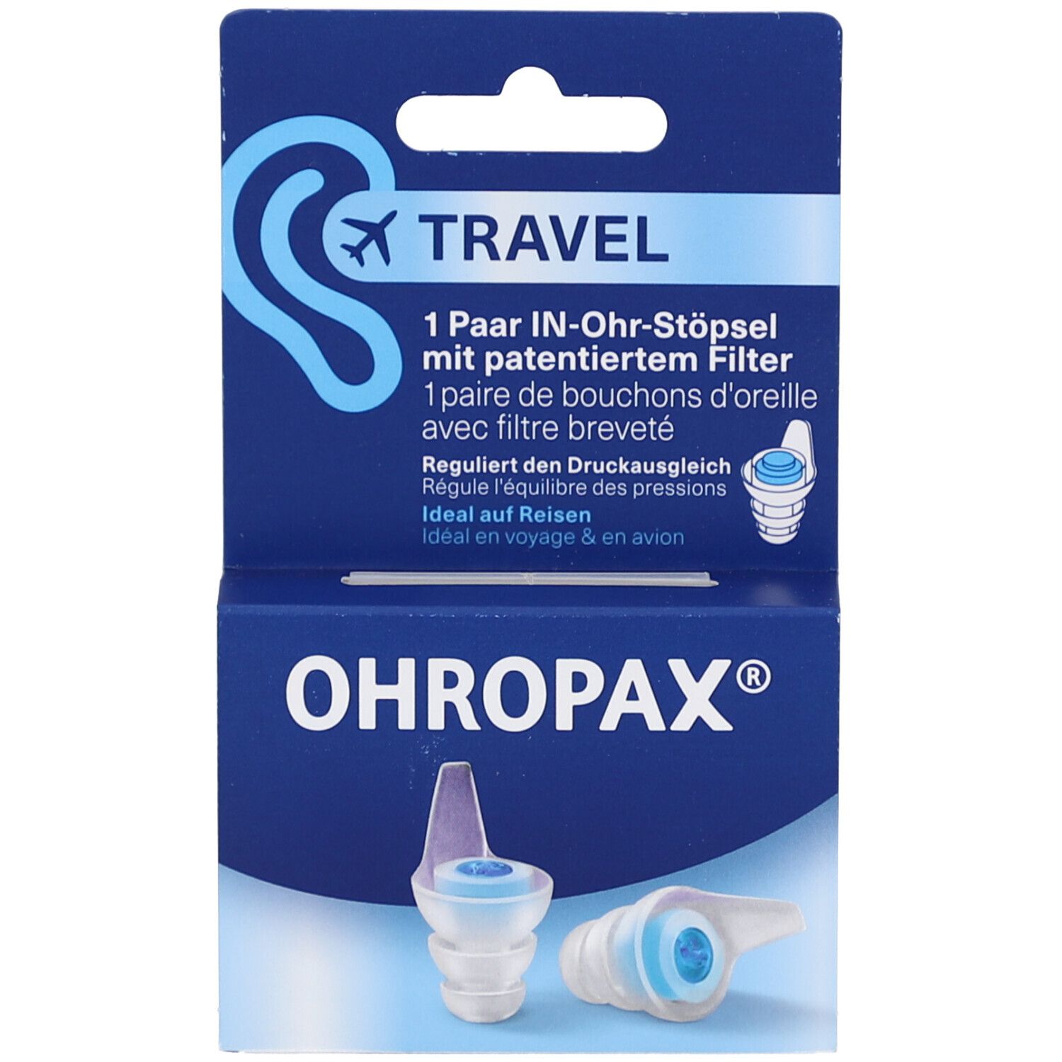 Blauw-witte verpakking met oordopjes. Tekst: OHROPAX, TRAVEL, 1 paar in-oor-oordopjes. Illustratie van oor en vliegtuig.