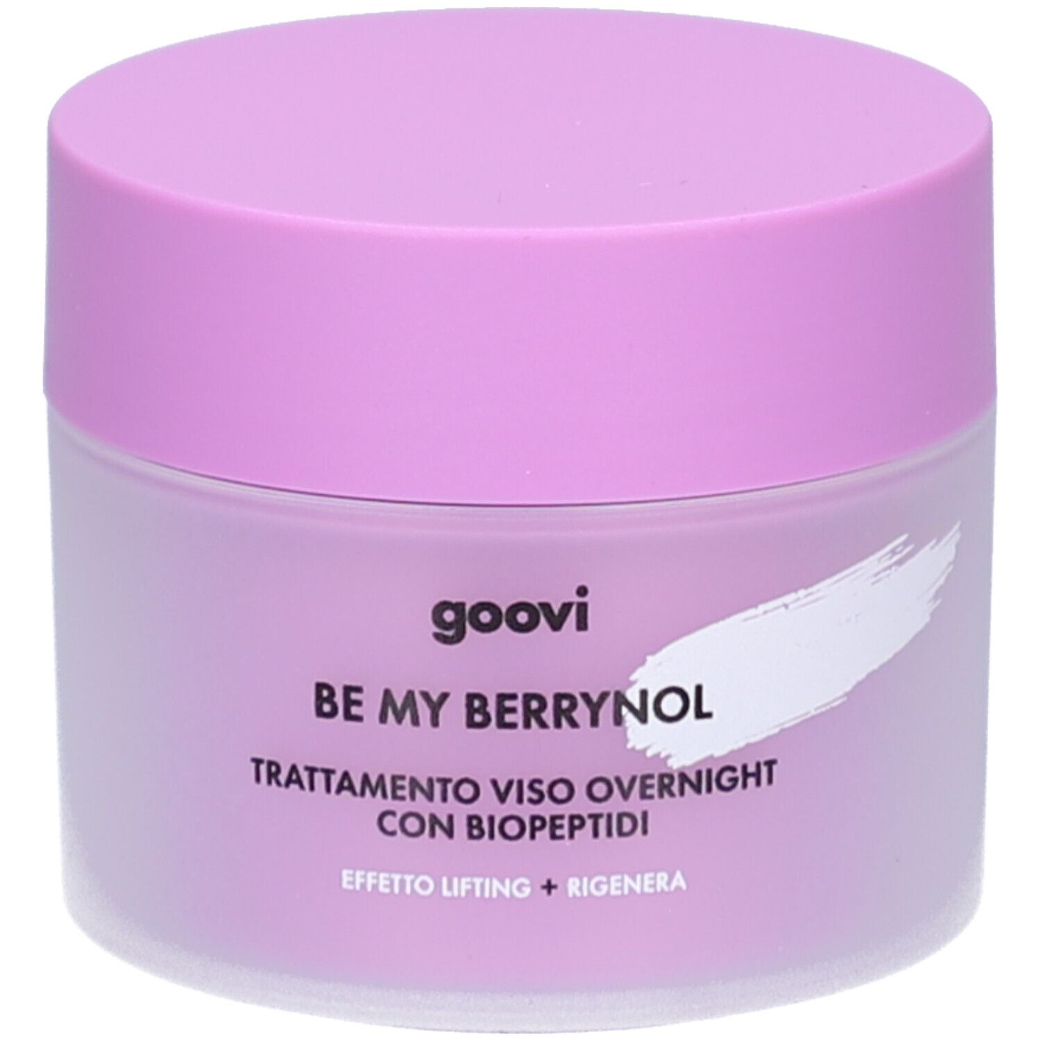 Pot de crème avec couvercle. Inscription: goovi, BE MY BERRYNOL, Trattamento viso overnight con biopeptidi. Violet et blanc.