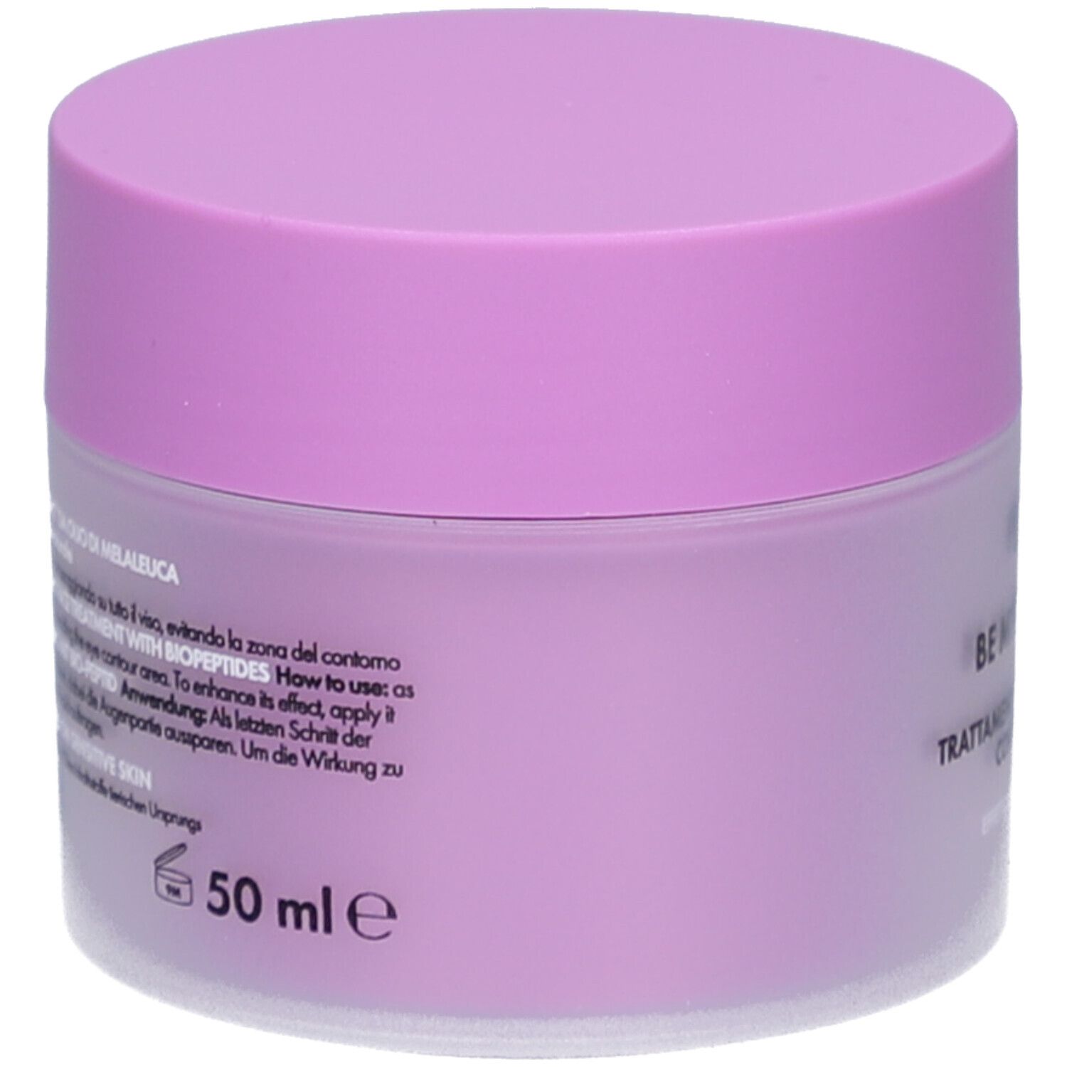 Pot de crème, dos. Inscription: 50 ml e. Texte en plusieurs langues. Violet et blanc.