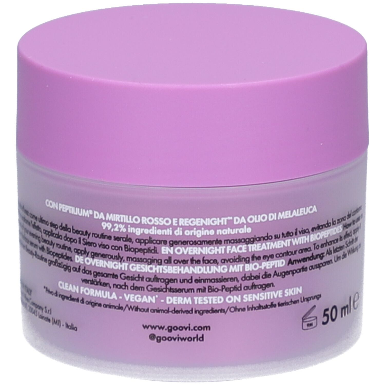 Pot de crème, dos. Inscription: 50 ml e. Texte en plusieurs langues. Violet et blanc.
