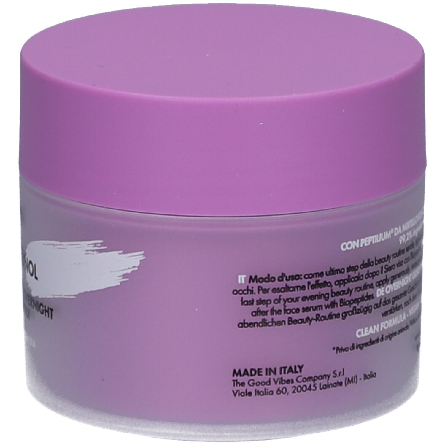 Pot de crème, dos. Texte en plusieurs langues. Violet et blanc.