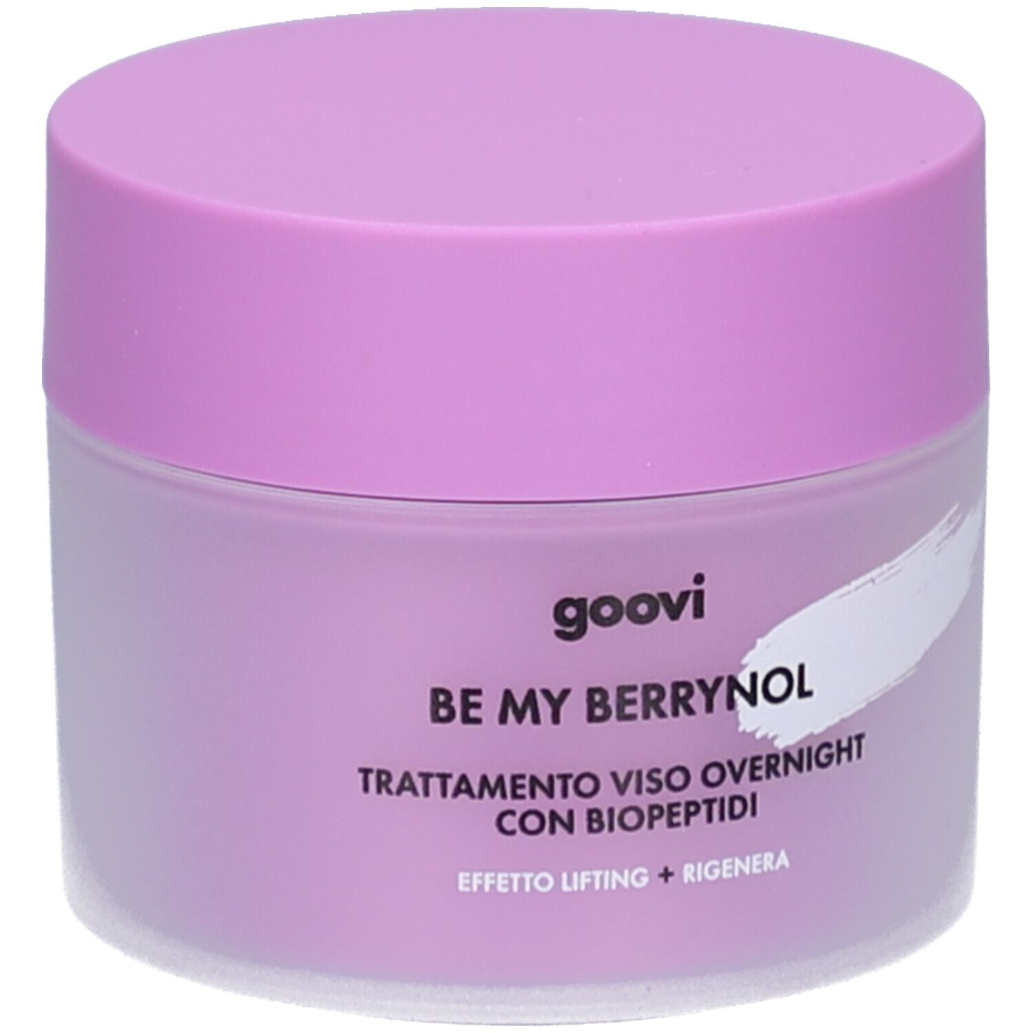 Pot de crème avec couvercle. Inscription: goovi, BE MY BERRYNOL, Trattamento viso overnight con biopeptidi. Violet et blanc.
