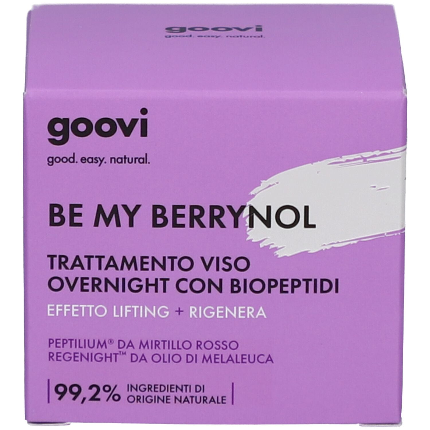 Emballage du produit. Inscription: goovi, BE MY BERRYNOL, Trattamento viso overnight con biopeptidi. Violet et blanc.