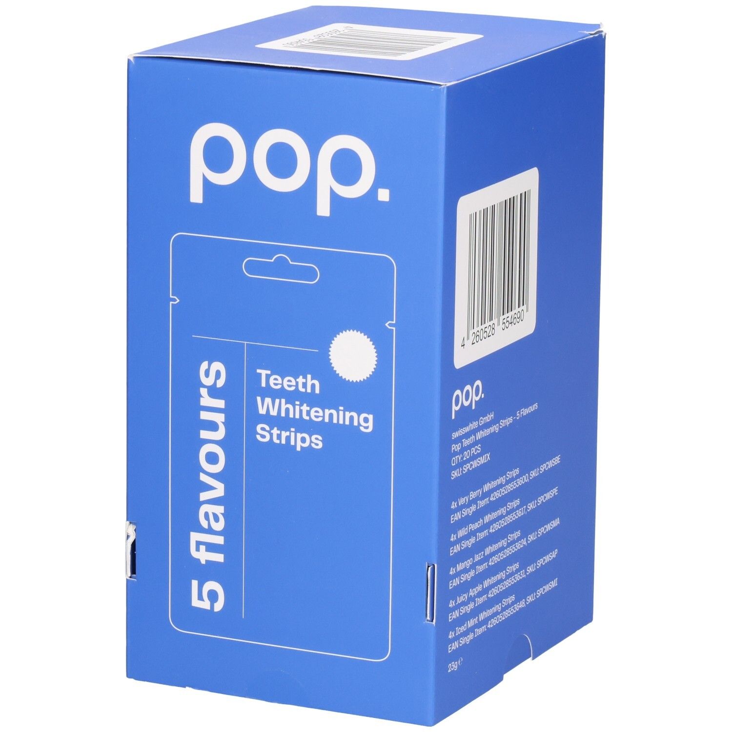 Boîte bleue avec logo "pop." et inscription "5 Flavours Teeth Whitening Strips".
