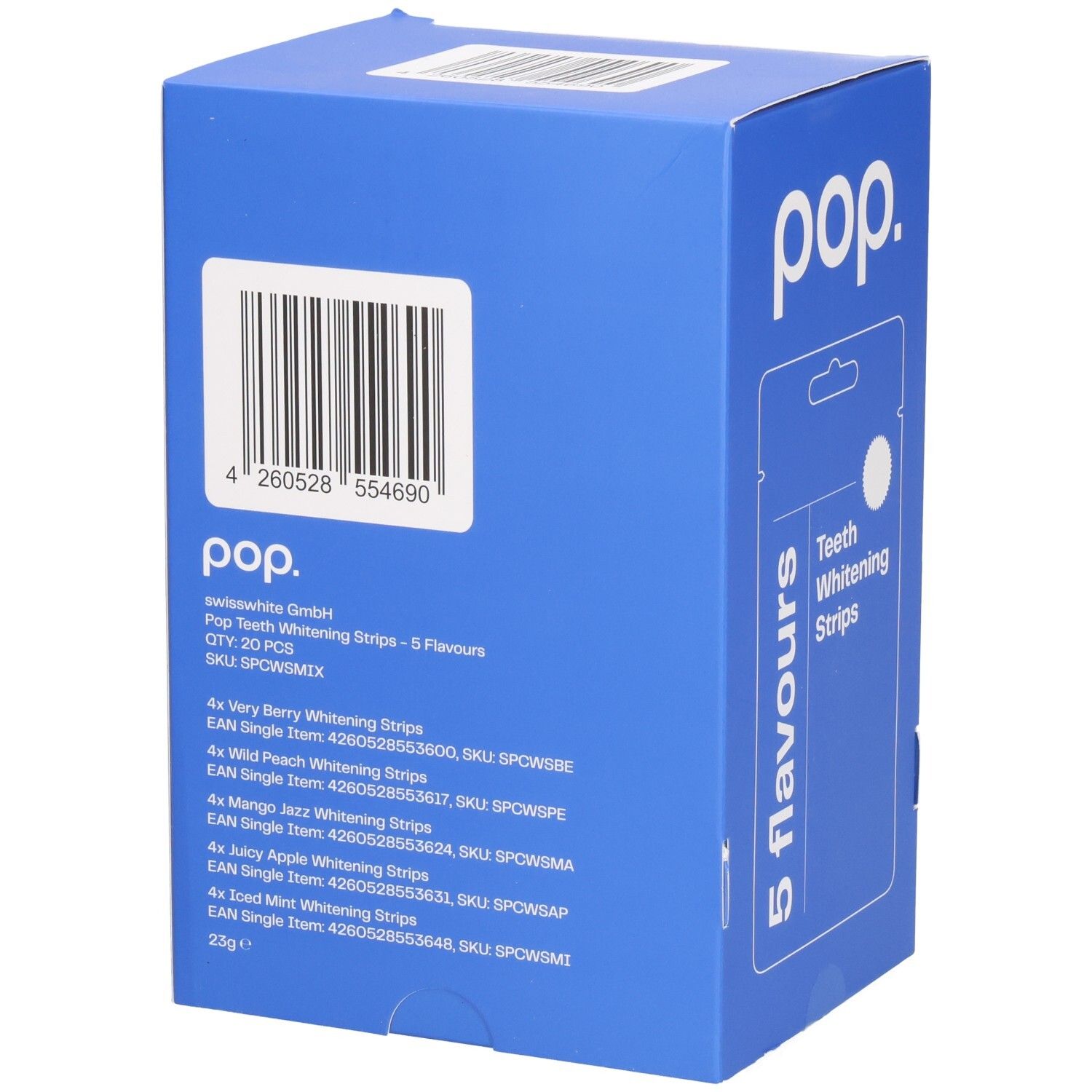 Boîte bleue avec Pop Teeth Whitening Strips, 5 saveurs, 20 pièces.