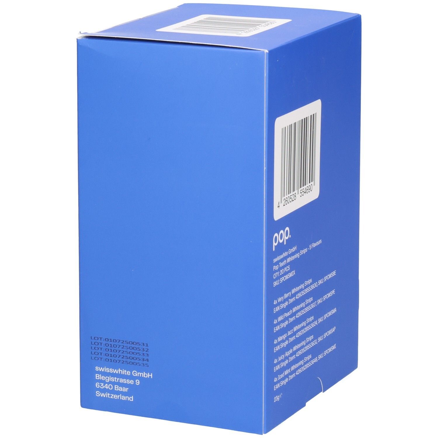 Boîte d'emballage bleue avec code-barres et informations textuelles, y compris les détails du fabricant.