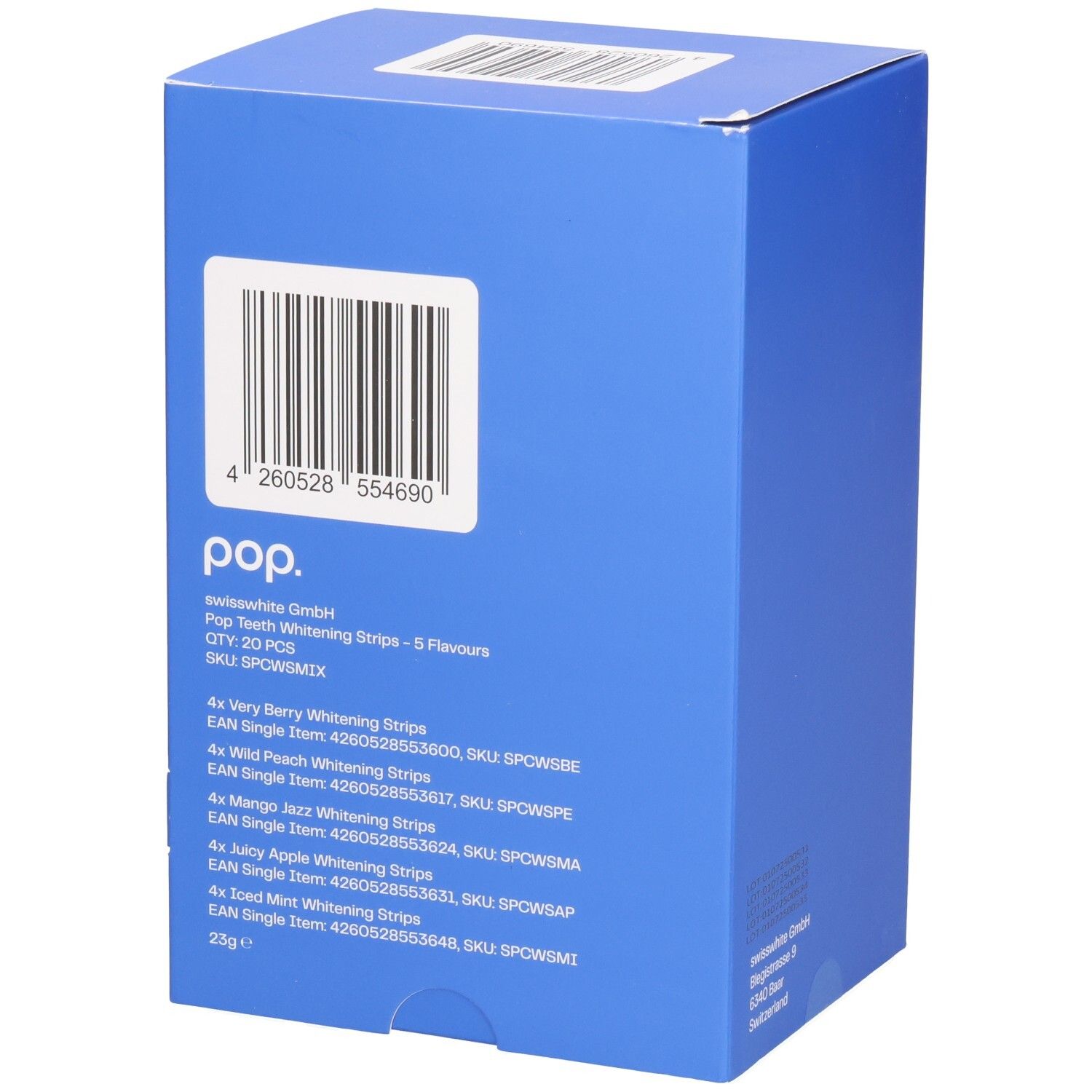 Boîte bleue de bandes blanchissantes Pop, 5 saveurs, 20 pièces.