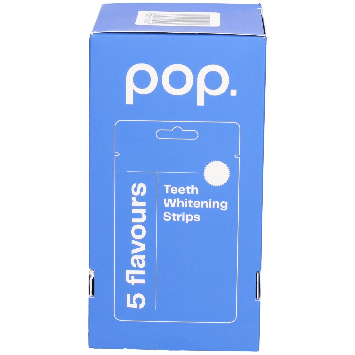 Boîte bleue avec logo "pop." et inscription "5 Flavours Teeth Whitening Strips".
