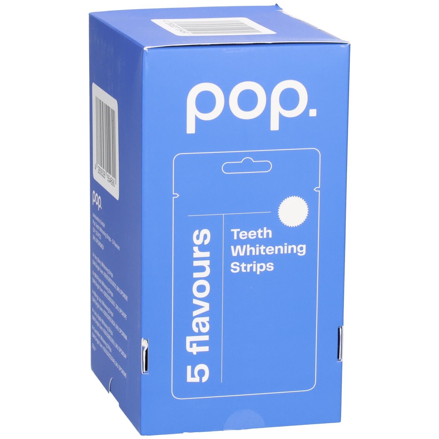 Boîte bleue avec logo "pop." et inscription "5 Flavours Teeth Whitening Strips".