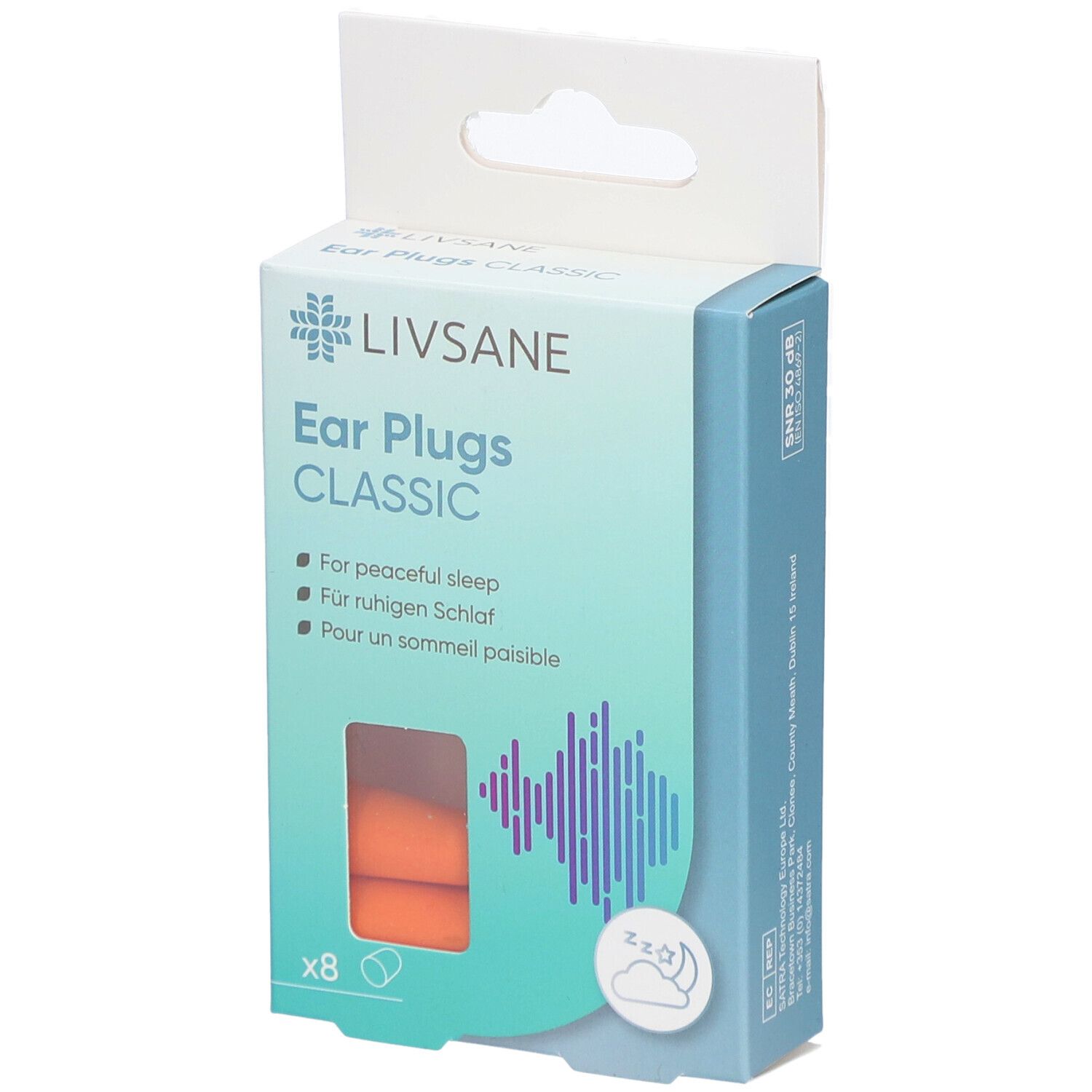Verpakking met LIVSANE CLASSIC oordopjes. 8 stuks. Oranje oordopjes zichtbaar. Tekst: Voor een rustige slaap.