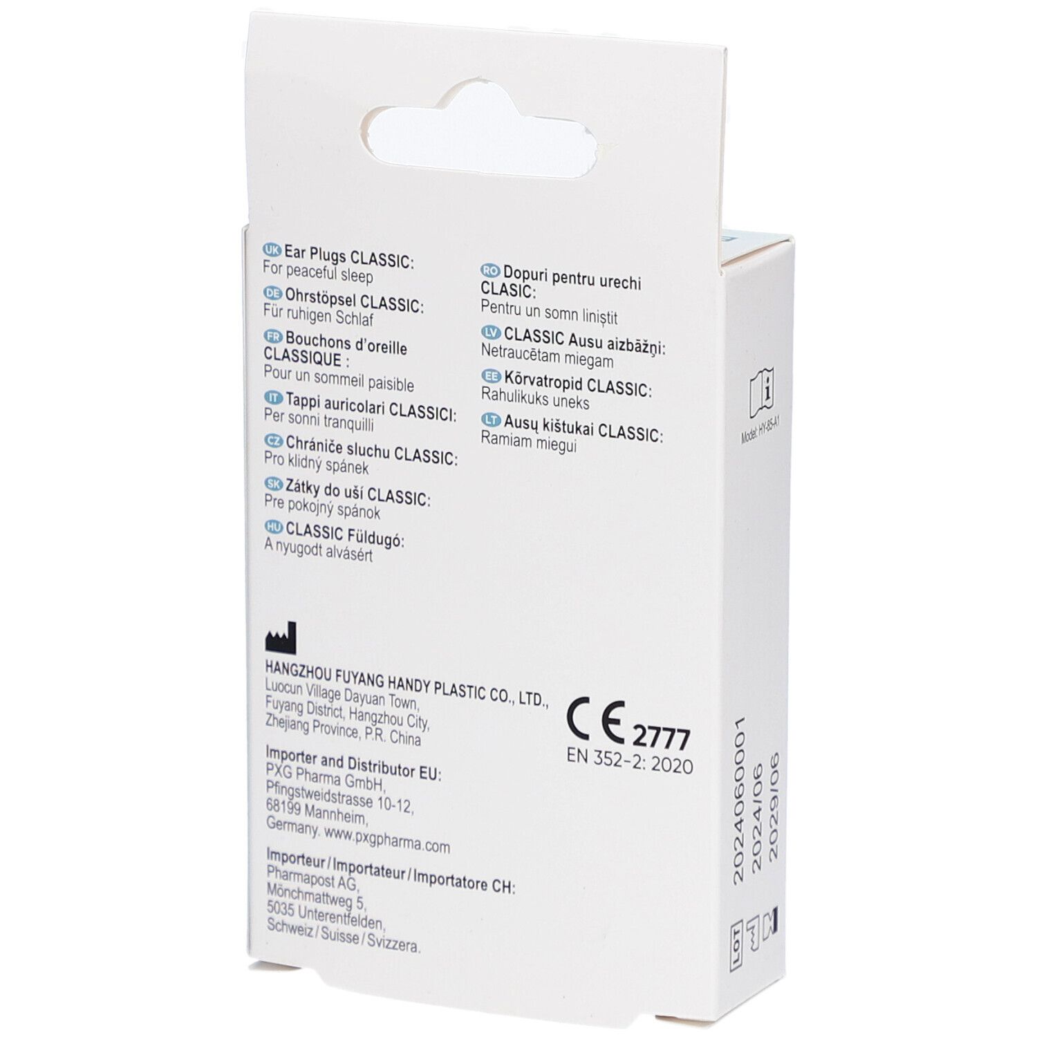 Achterkant van de verpakking met meertalige tekst. CE-markering. Fabrikantinformatie.