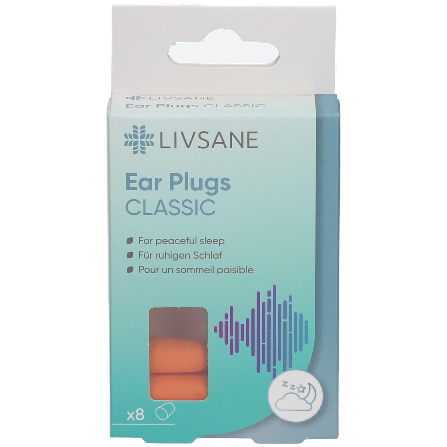 Verpakking met LIVSANE CLASSIC oordopjes. 8 stuks. Oranje oordopjes zichtbaar. Tekst: Voor een rustige slaap.