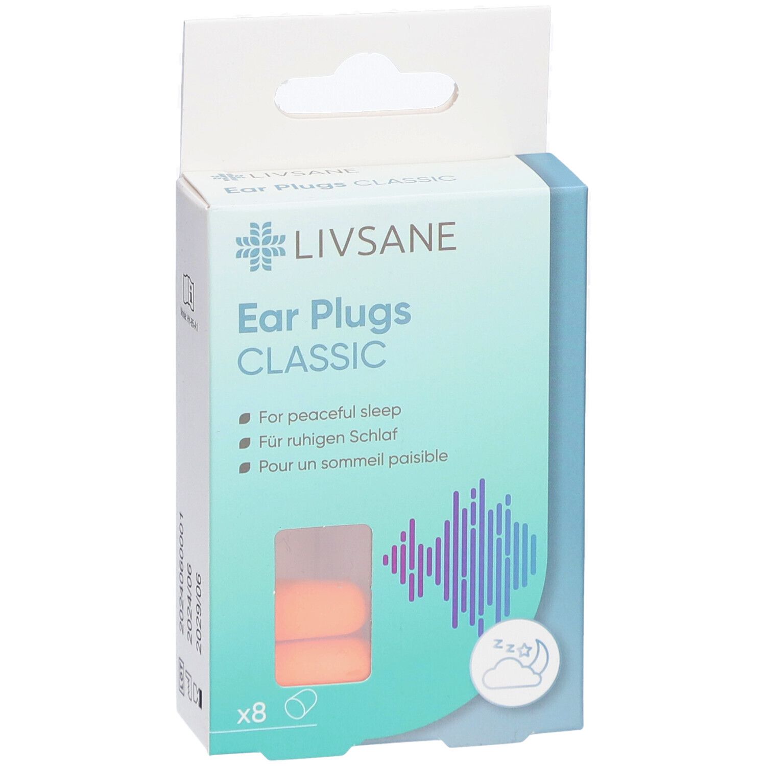 Verpakking met LIVSANE CLASSIC oordopjes. 8 stuks. Oranje oordopjes zichtbaar. Tekst: Voor een rustige slaap.