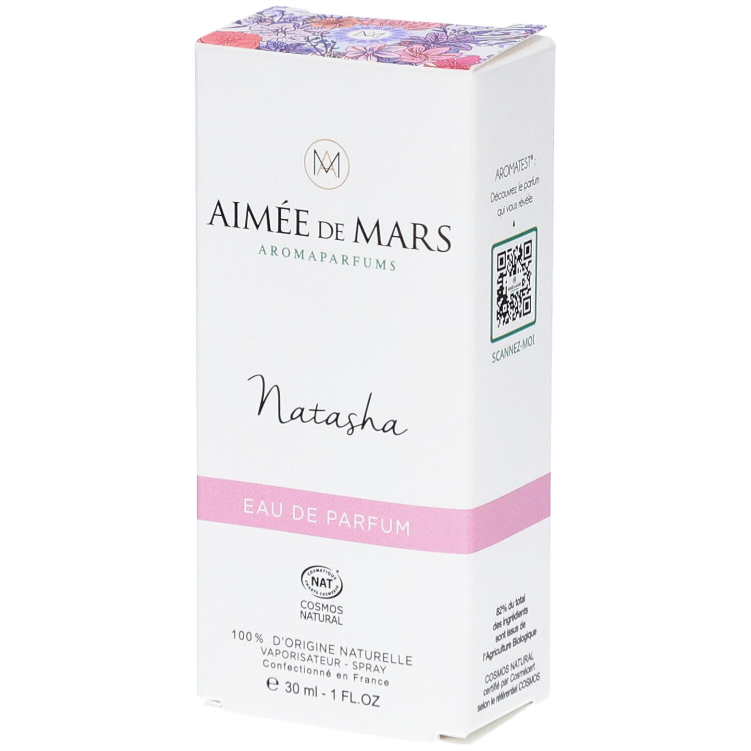 Aimée de Mars Natasha Eau de Parfum. Witte doos met roze band. Tekst: NAT, 100% d'origine naturelle, 30 ml - 1 FL.OZ.