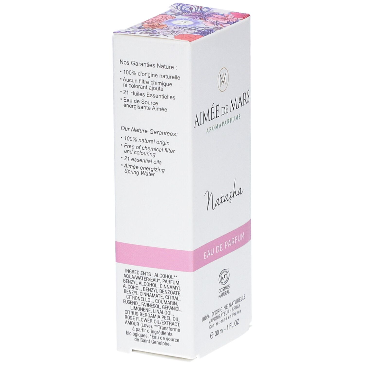 Aimée de Mars Natasha Eau de Parfum. Witte doos met roze band. Tekst: Nos Garanties Nature, 100% d'origine naturelle, 21 Huiles Essentielles.