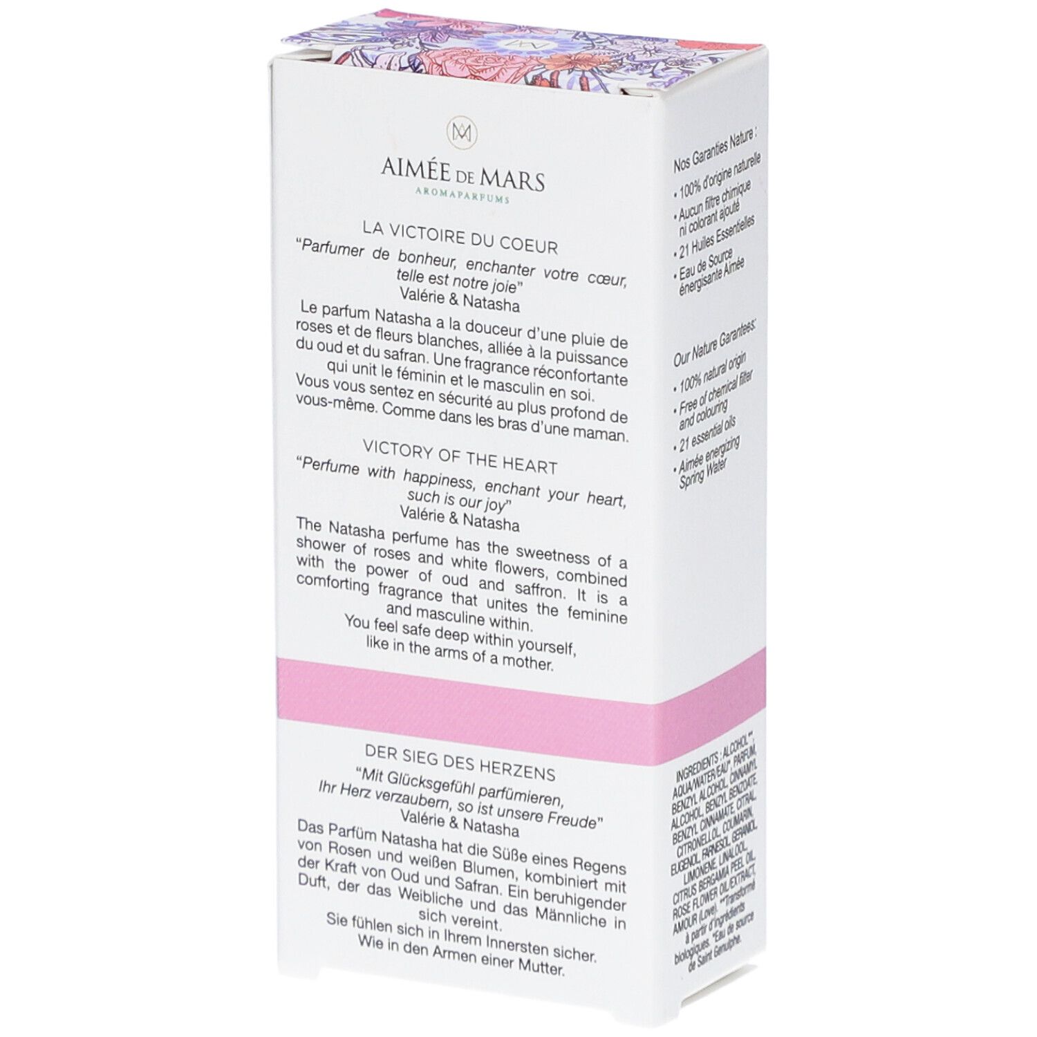 Aimée de Mars Natasha Eau de Parfum. Witte doos met roze band. Tekst: La Victoire du Coeur, Der Sieg des Herzens, Victory of the Heart.