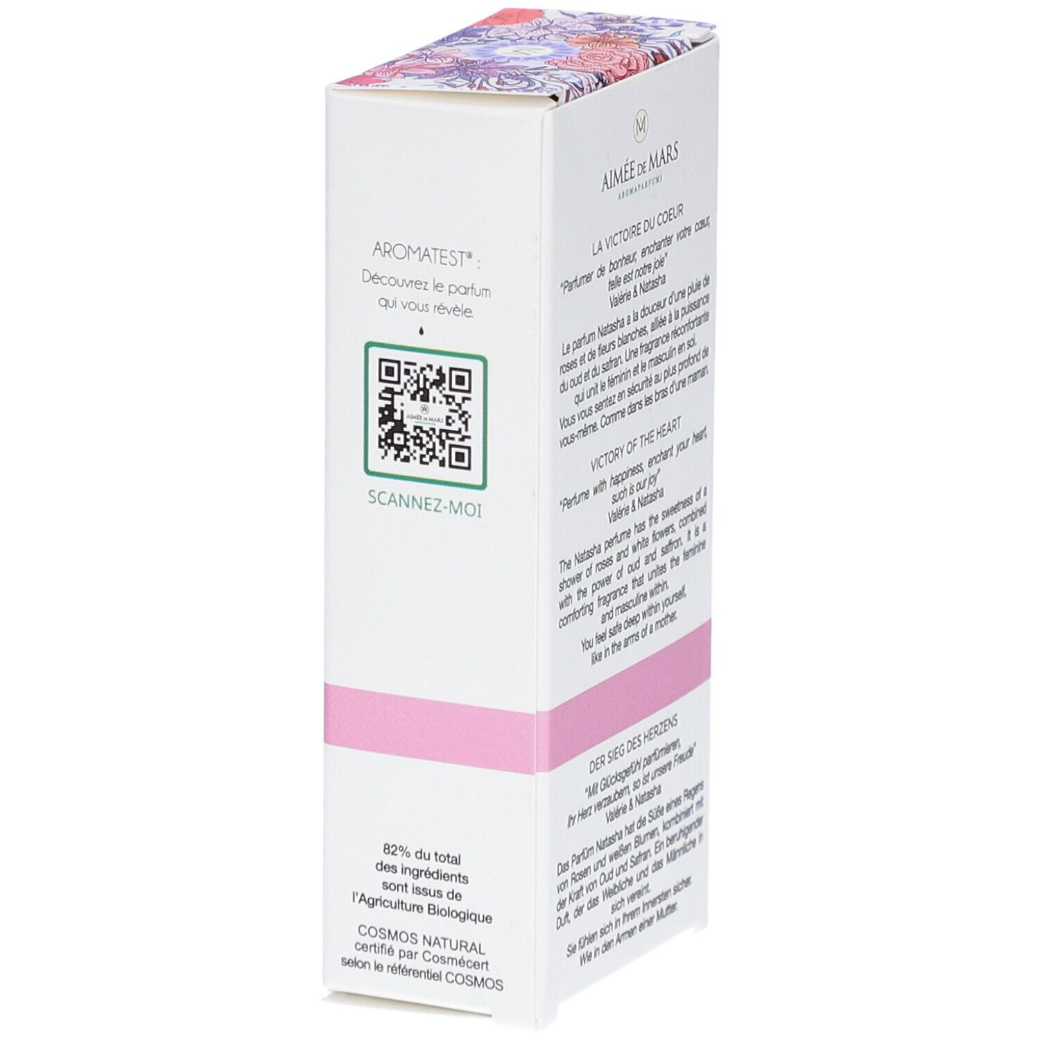 Aimée de Mars Natasha Eau de Parfum. Witte doos met roze band. Tekst: Arometest, Scannez-moi, 82% du total des ingrédients sont issus de l'Agriculture Biologique.