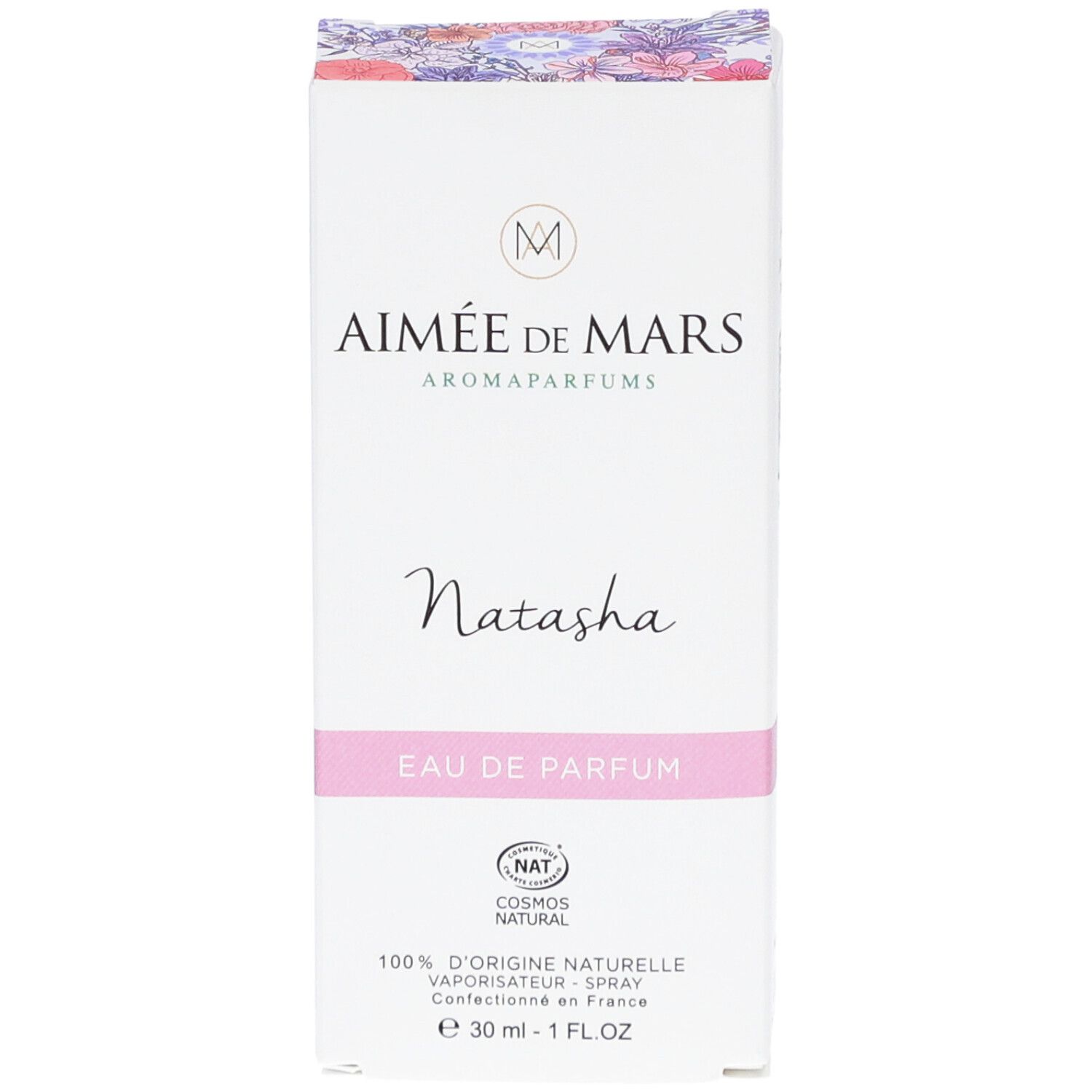Aimée de Mars Natasha Eau de Parfum. Witte doos met roze band. Tekst: Natasha, Eau de Parfum, NAT, 100% d'origine naturelle, 30 ml - 1 FL.OZ.