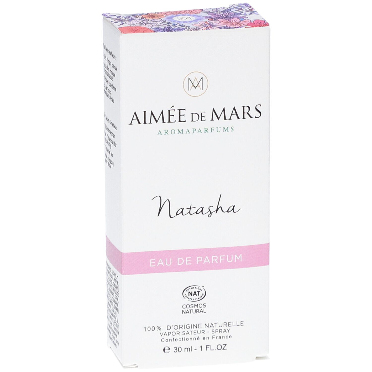Aimée de Mars Natasha Eau de Parfum. Witte doos met roze band. Tekst: Natasha, Eau de Parfum, NAT, 100% d'origine naturelle, 30 ml - 1 FL.OZ.