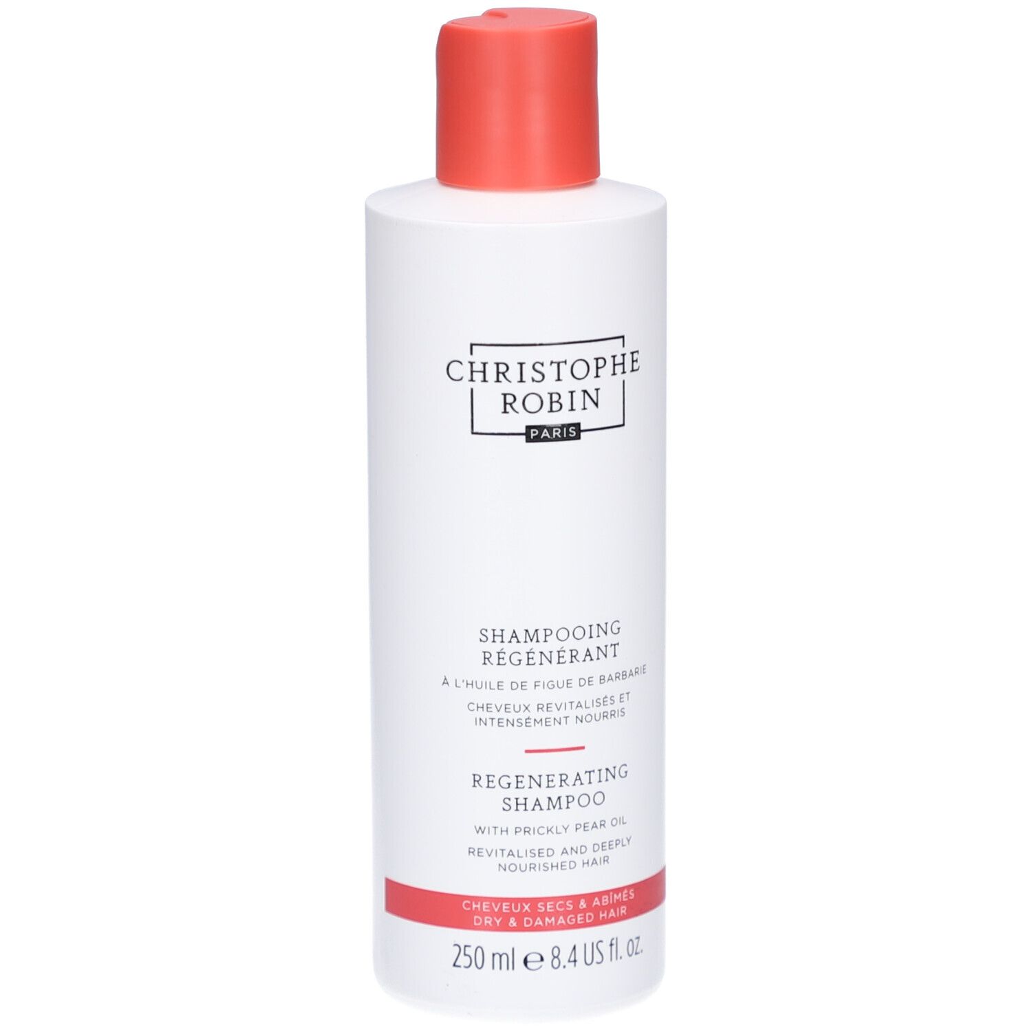 Flacon blanc, bouchon rouge. Inscription: Christophe Robin Paris, Shampooing Régénérant à l'huile de figue de Barbarie. Cheveux secs et abîmés.