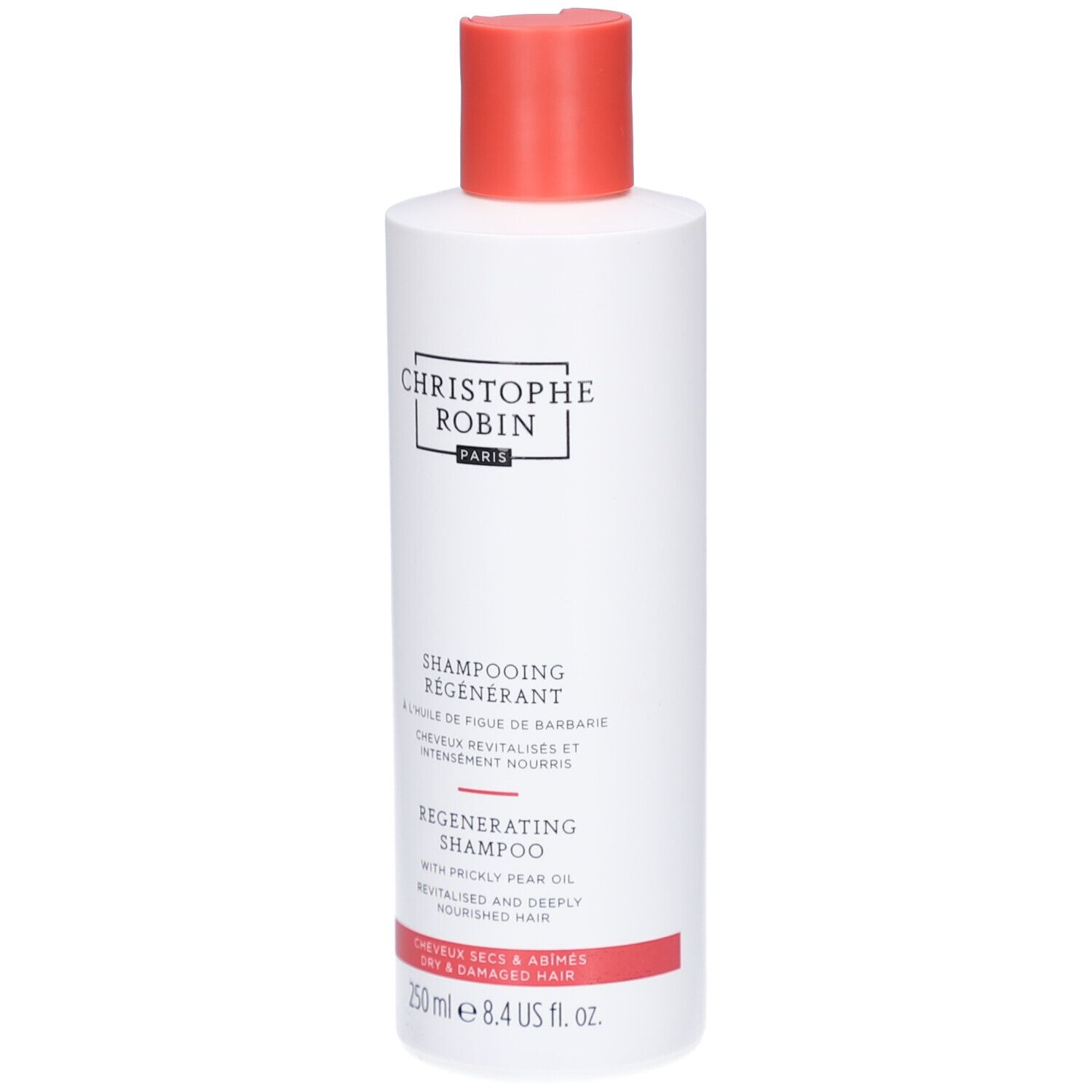 Flacon blanc, bouchon rouge. Inscription: Christophe Robin Paris, Shampooing Régénérant à l'huile de figue de Barbarie. Cheveux secs et abîmés.