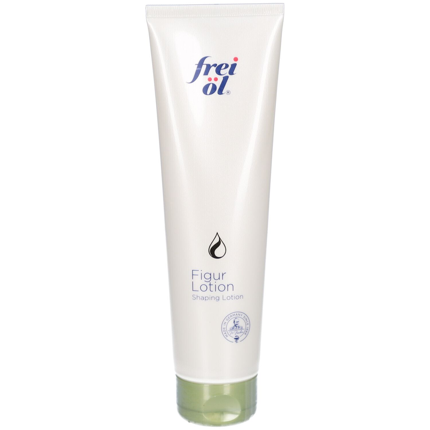 Witte tube met groene dop. Opschrift frei öl. Figur Lotion. Druppelsymbool. Certificeringslogo.