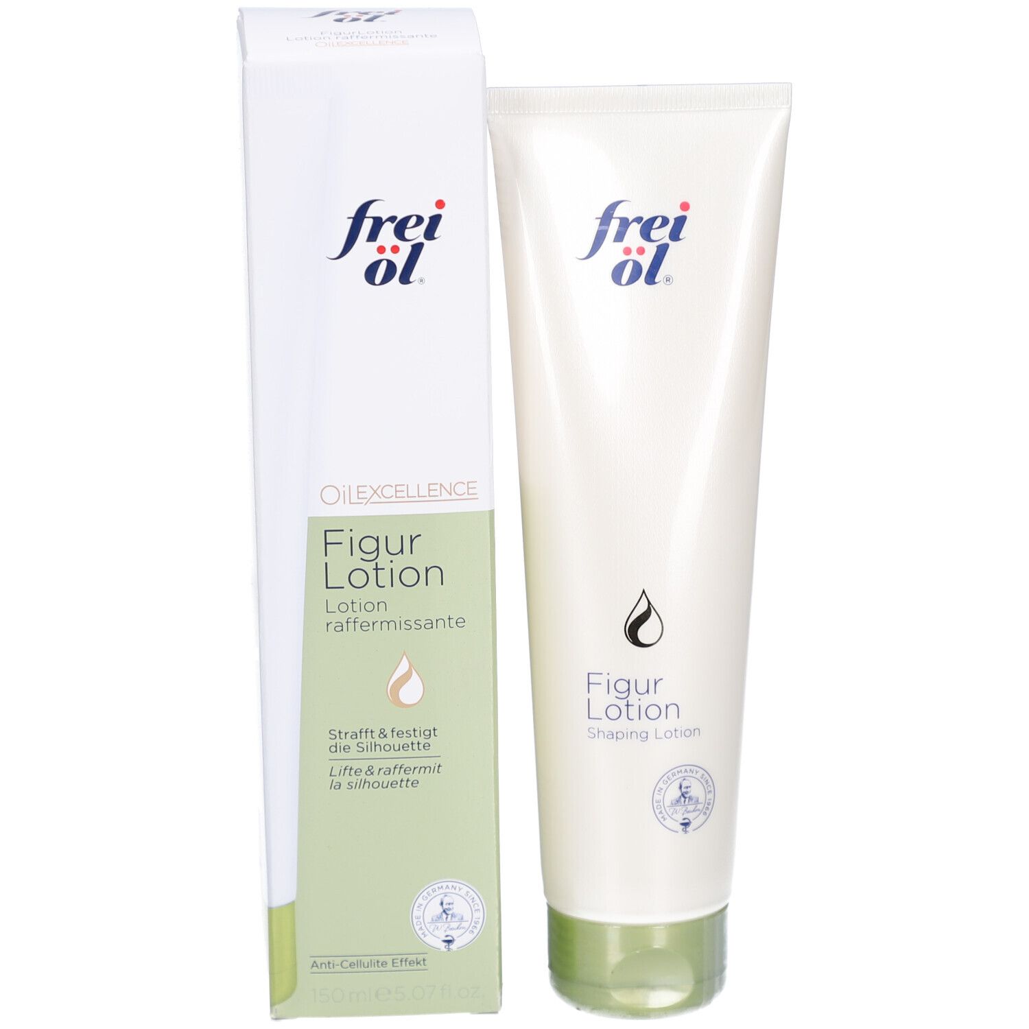 Product en verpakking. Witte tube en doos. Opschrift frei öl. Figur Lotion. Groen-witte doos.