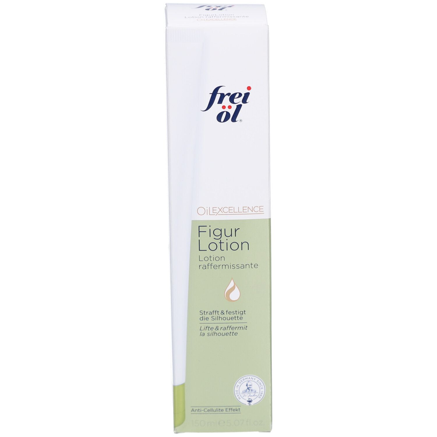 Witte doos met groene accenten. Opschrift frei öl. Figur Lotion. Tekst en logo.