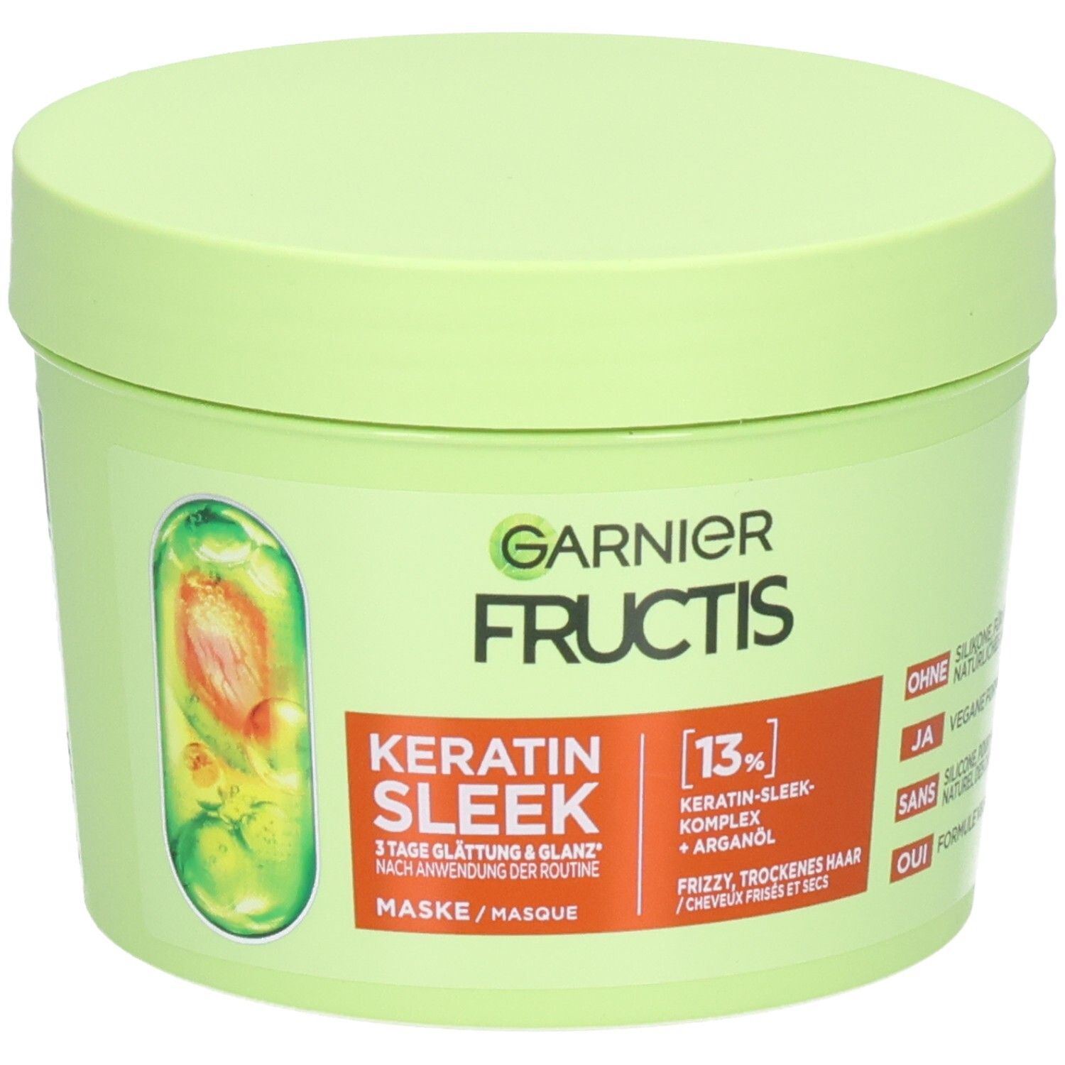 Garnier Fructis Keratin Sleek masker in lichtgroene pot met oranje etiket.