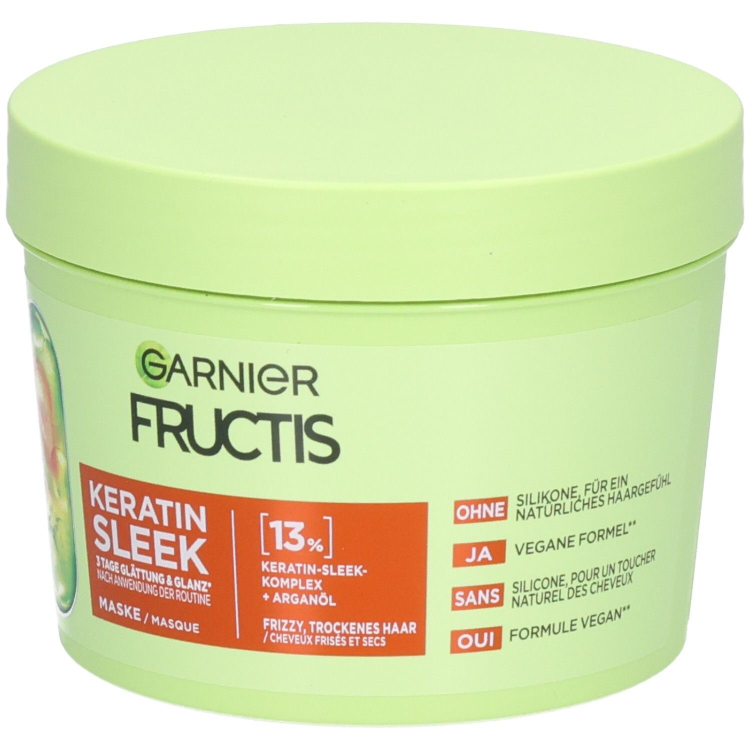 Garnier Fructis Keratin Sleek masker in lichtgroene pot. Bevat 13% Keratin-Sleek complex.