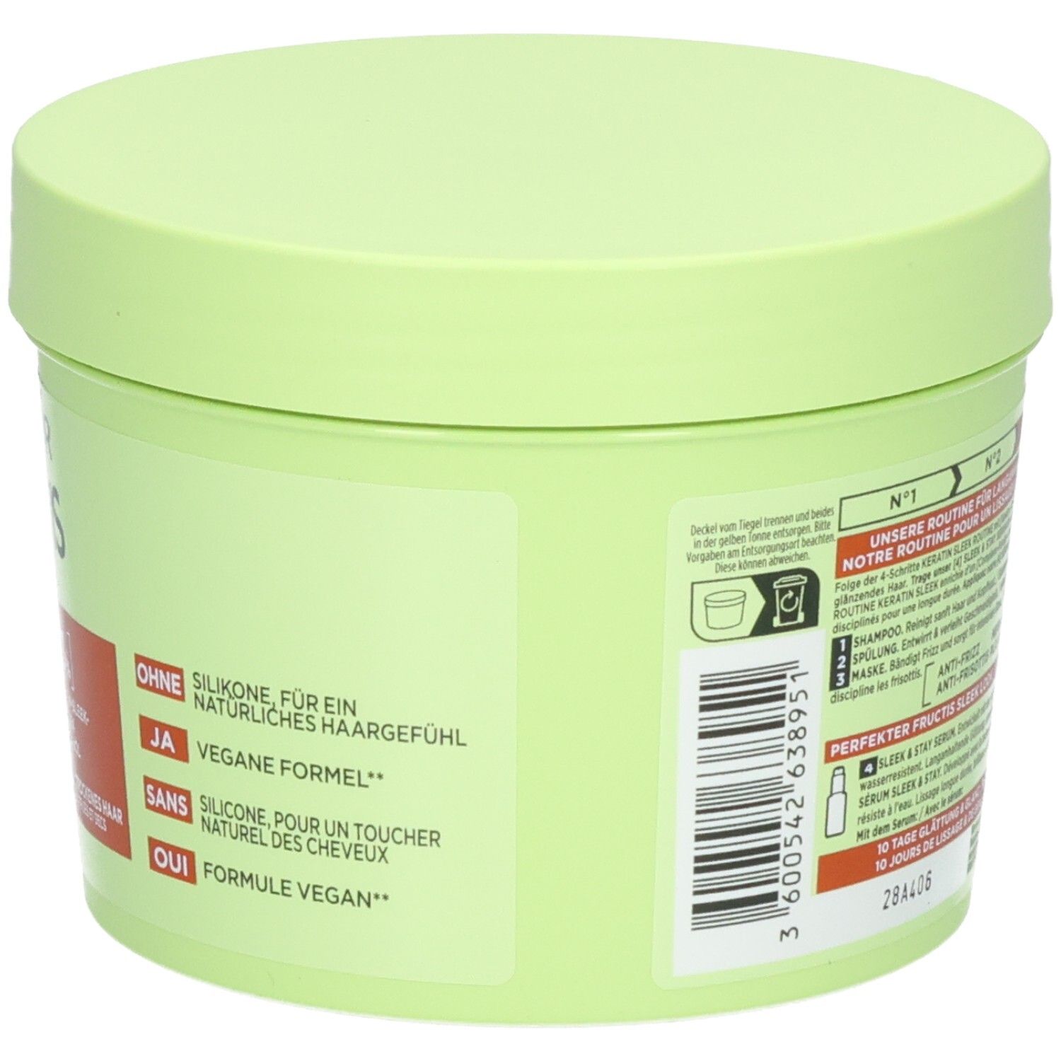 Lichtgroene pot met deksel, etiketten met productinformatie en barcode.