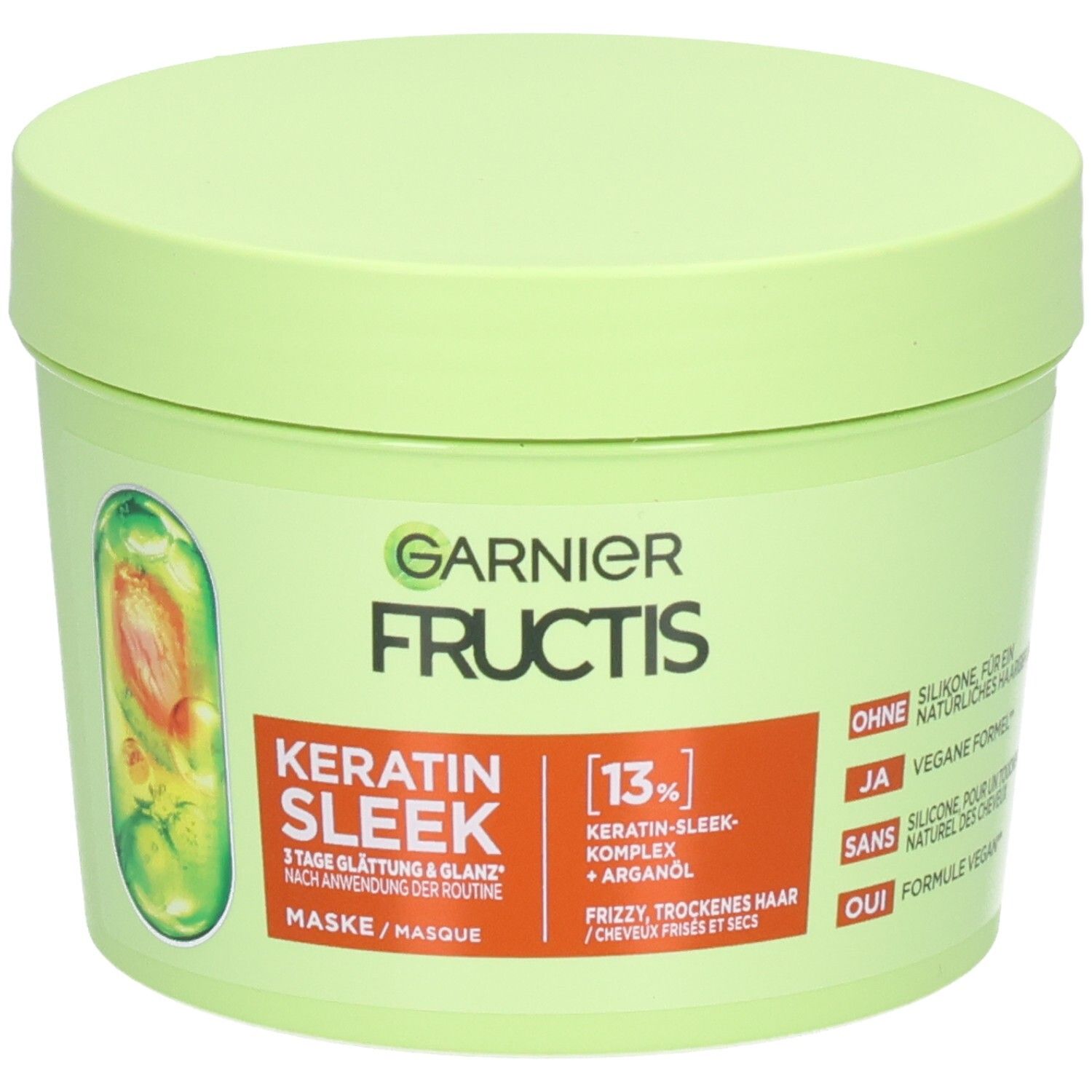 Garnier Fructis Keratin Sleek haarmasker in lichtgroene pot. Bevat 13% Keratin-Sleek-complex en arganolie.