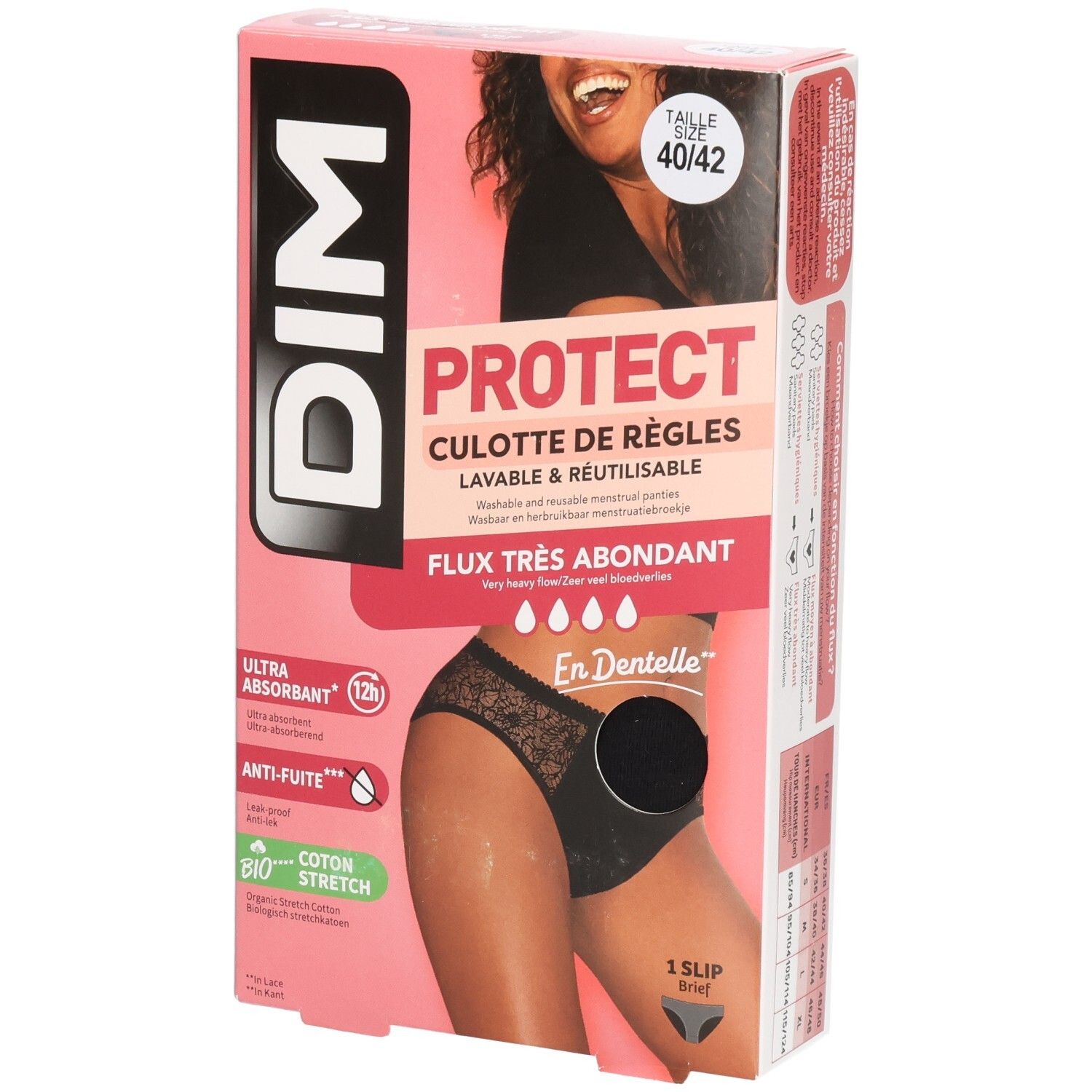 Verpakking DIM menstruatieslip. Roze-witte doos met productafbeelding en tekst. Maat 40/42. Zeer zware bloeding.