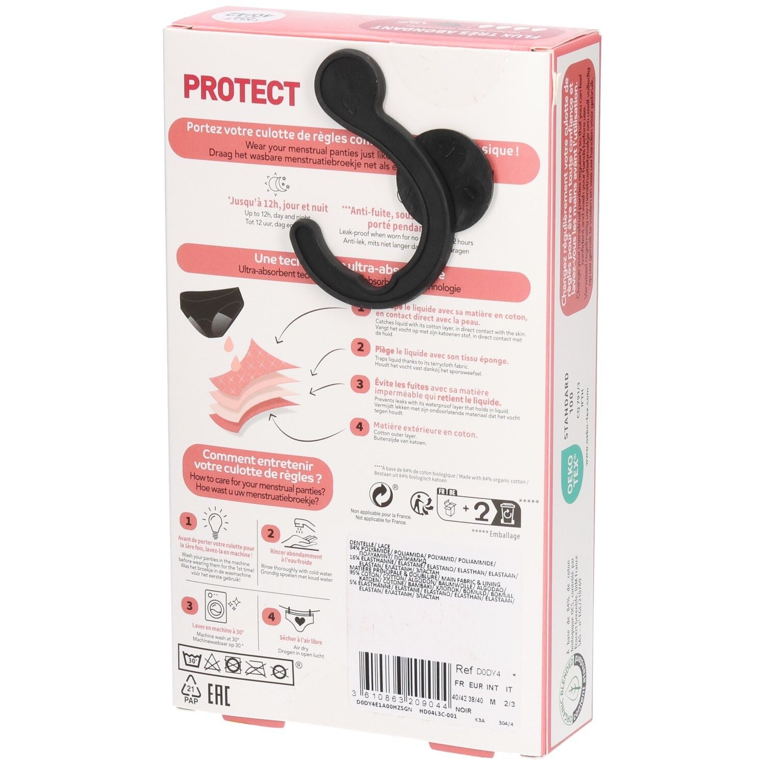 Achterkant DIM verpakking. Gebruiks- en onderhoudsinstructies voor de menstruatieslip. Waspictogrammen. Oeko-Tex certificering.