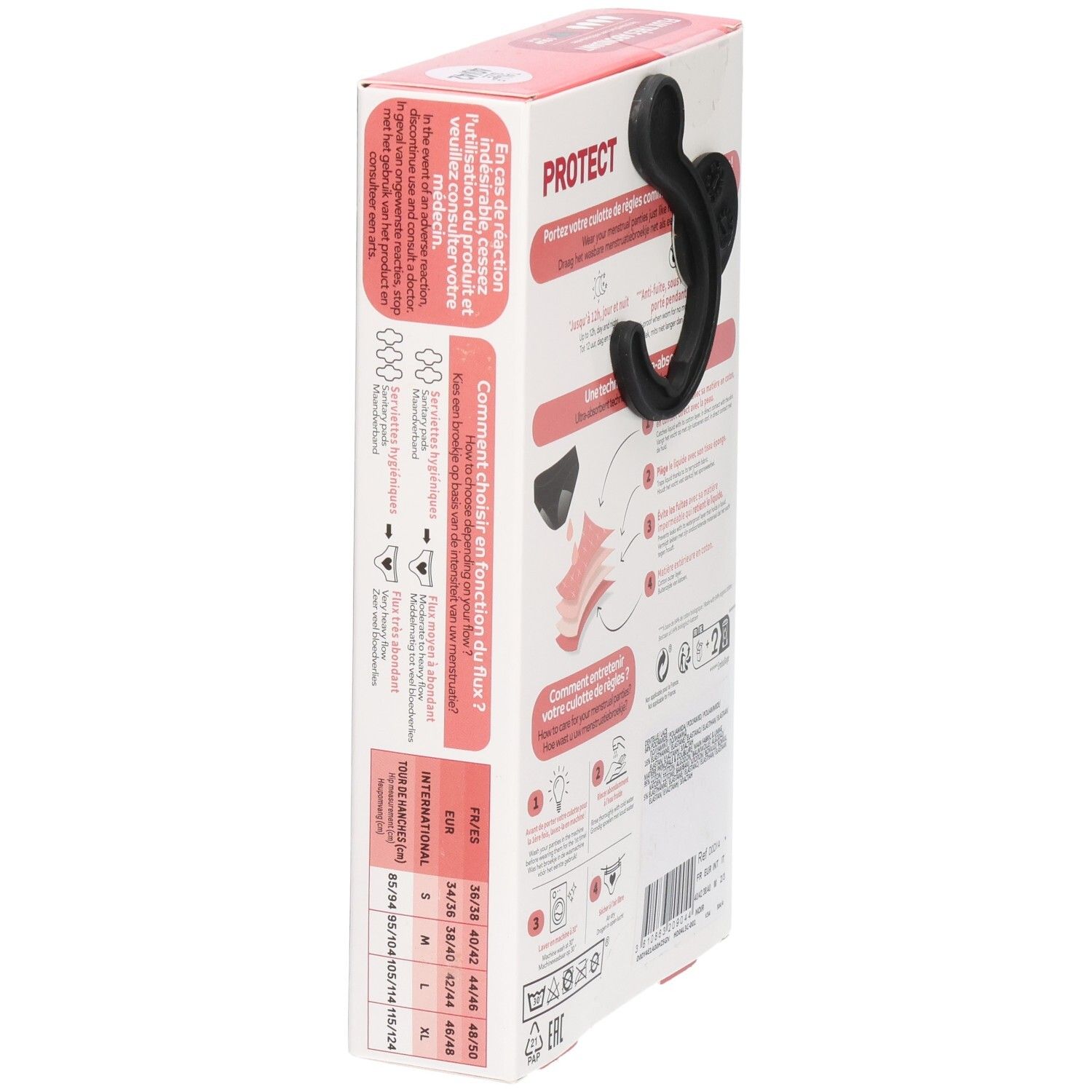 Zijkant DIM verpakking. Informatie over het kiezen van de slip op basis van de bloeding. Maattabel. Roze en witte doos.
