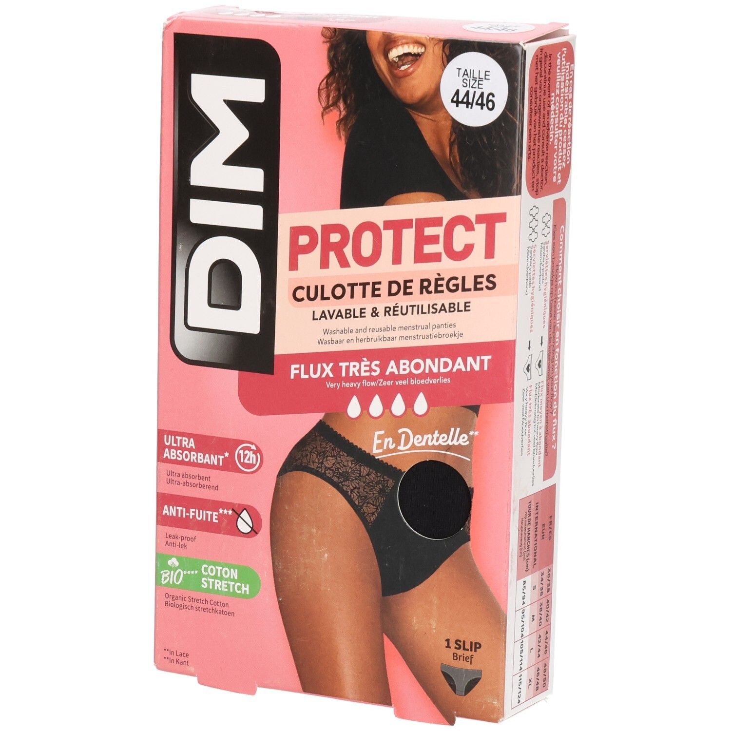 Boîte DIM Protect culotte de règles, taille 44-46. Slip noir, flux très abondant, ultra-absorbant, anti-fuite.