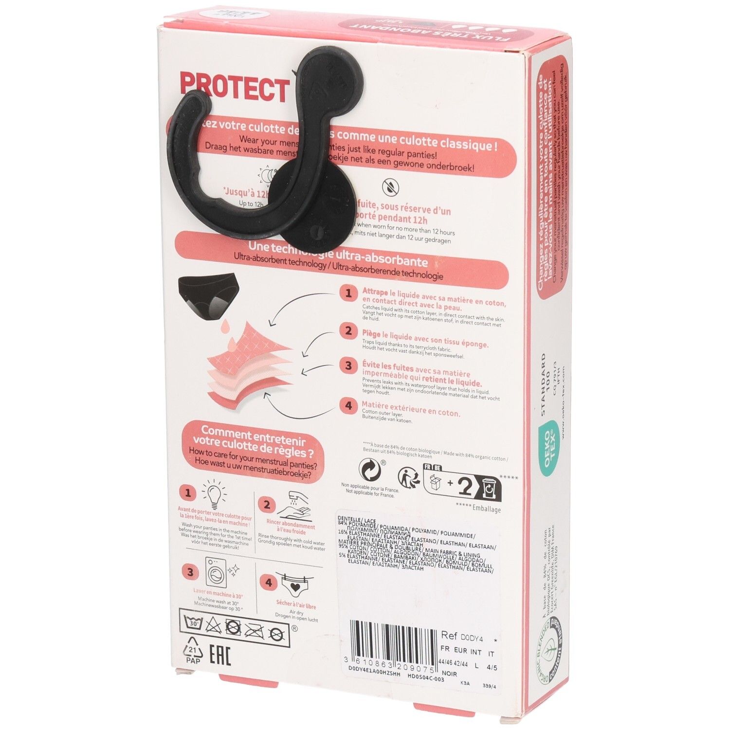 Dos de la boîte DIM Protect. Informations d'utilisation et d'entretien. Symboles de lavage. Slip noir.