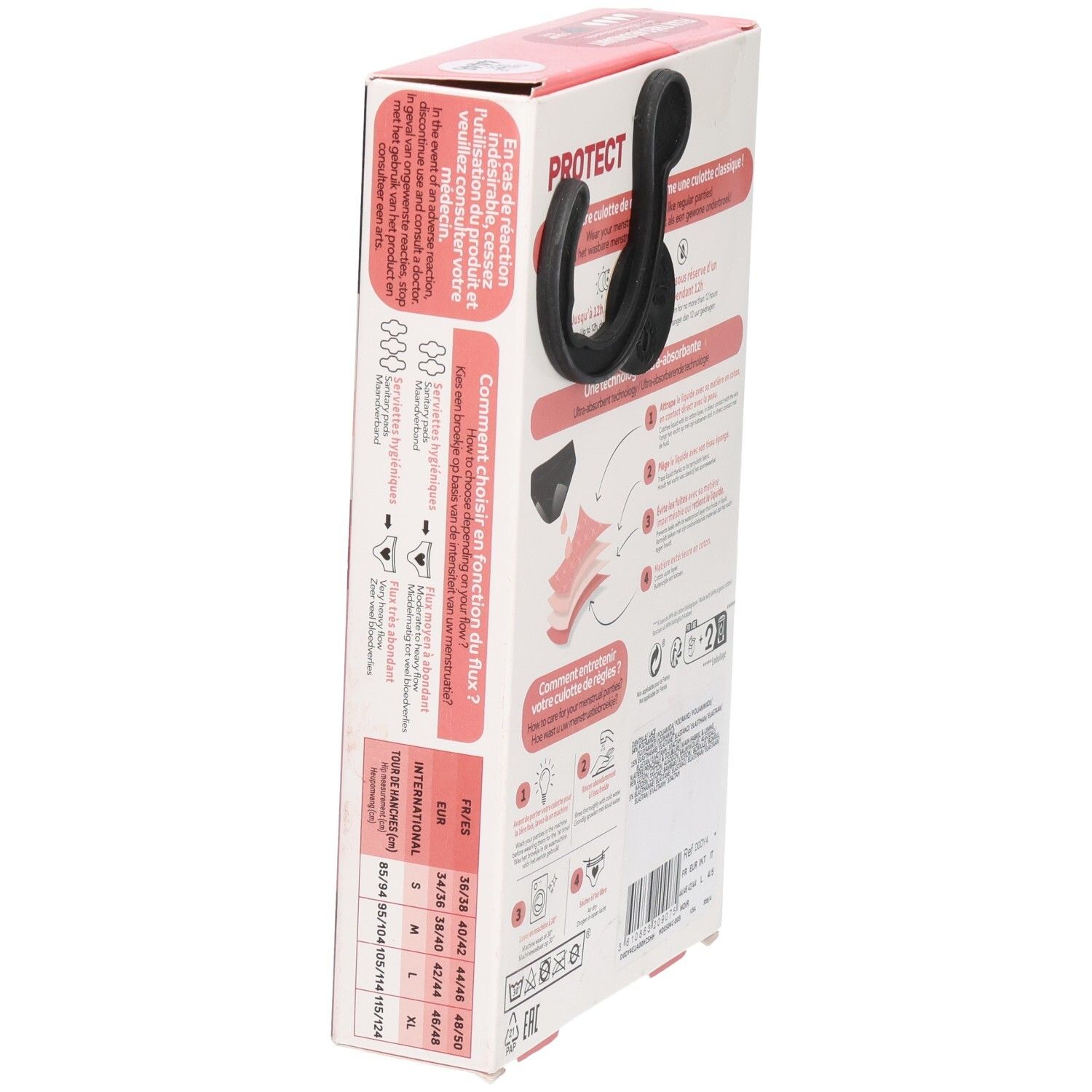 Vue latérale de la boîte DIM Protect. Informations sur les tailles. Informations sur le produit. Slip noir.