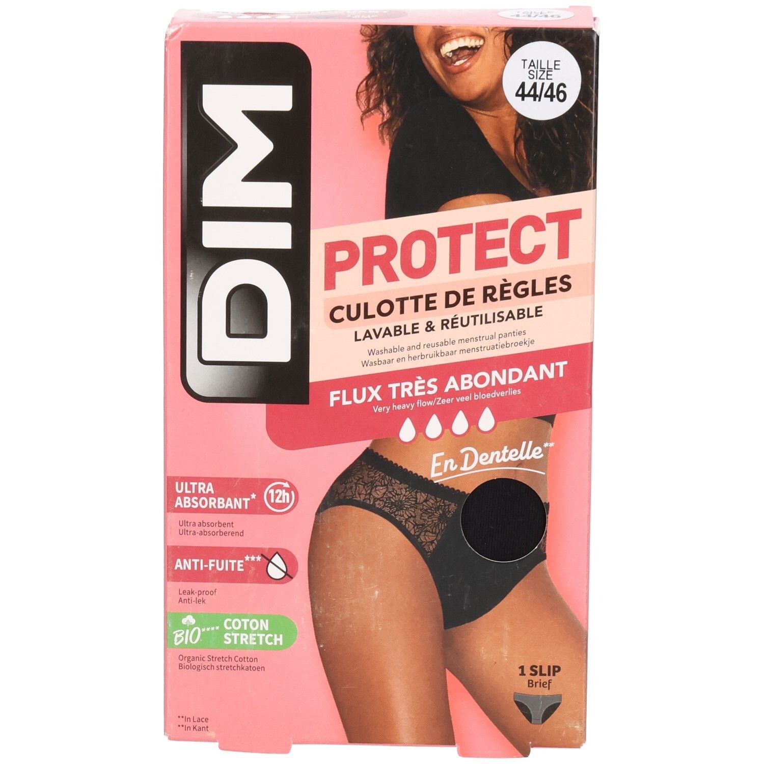 Boîte DIM Protect, taille 44-46. Slip noir, flux très abondant, ultra-absorbant, anti-fuite, coton bio.