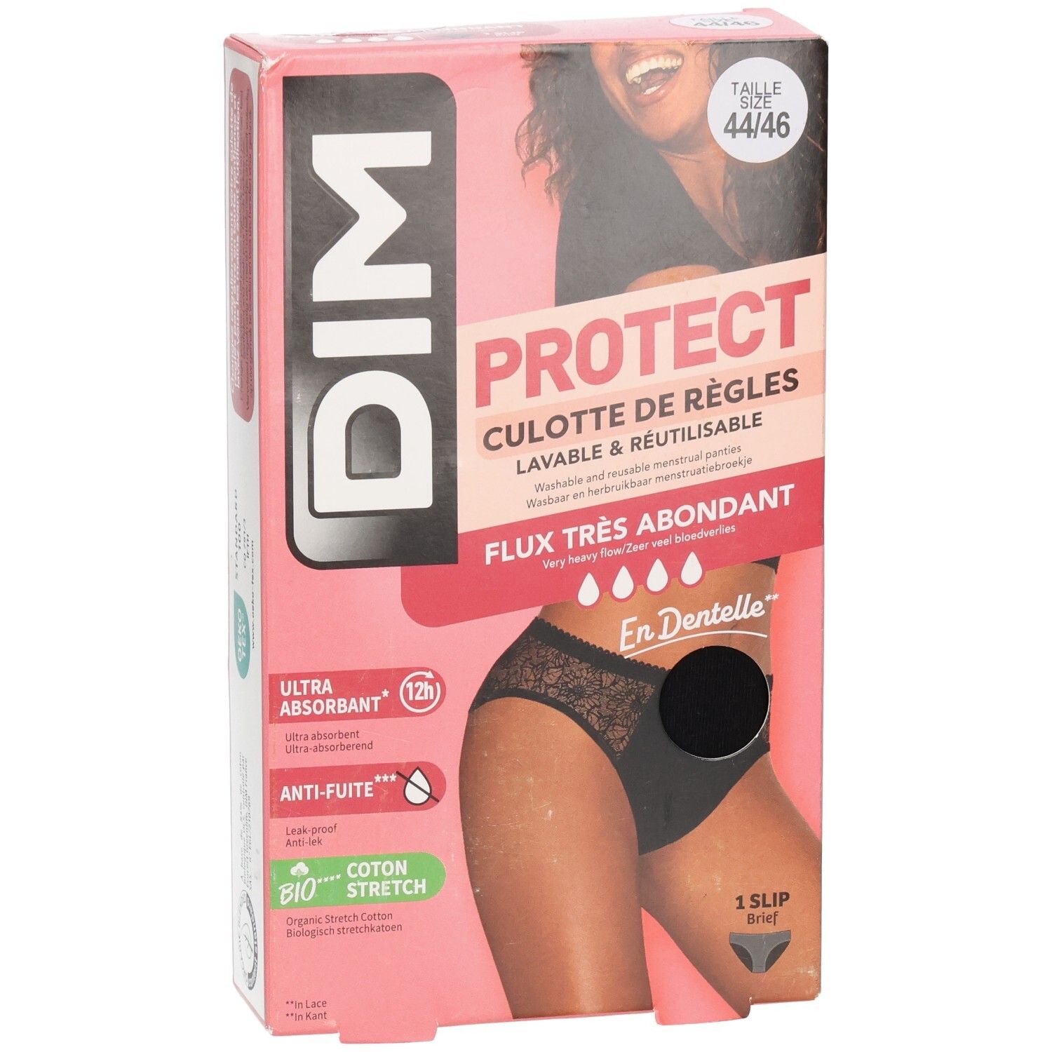 Boîte DIM Protect, taille 44-46. Slip noir, flux très abondant, ultra-absorbant, anti-fuite, coton bio.