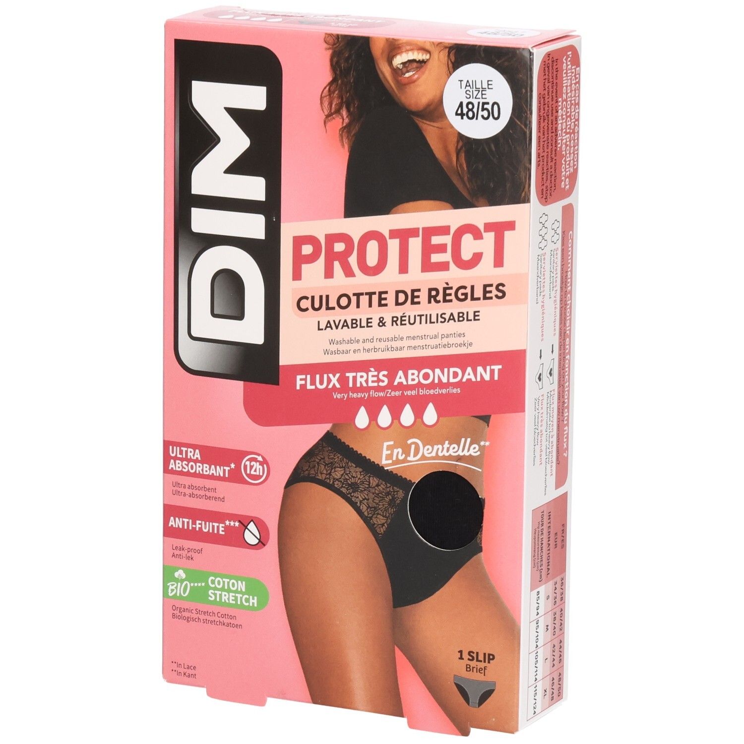 Boîte DIM Protect culotte de règles, taille 48/50, noire. Inscription: Ultra absorbant, anti-fuite, coton bio.