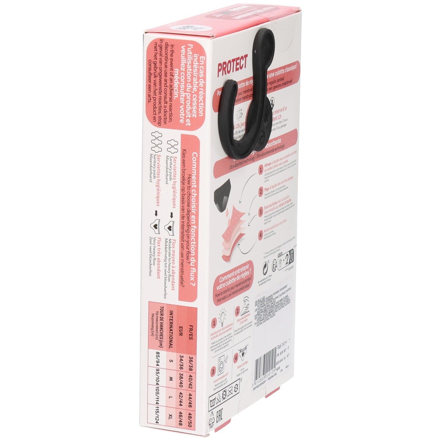 Boîte DIM Protect culotte de règles. Vue latérale avec informations produit et tableau des tailles.