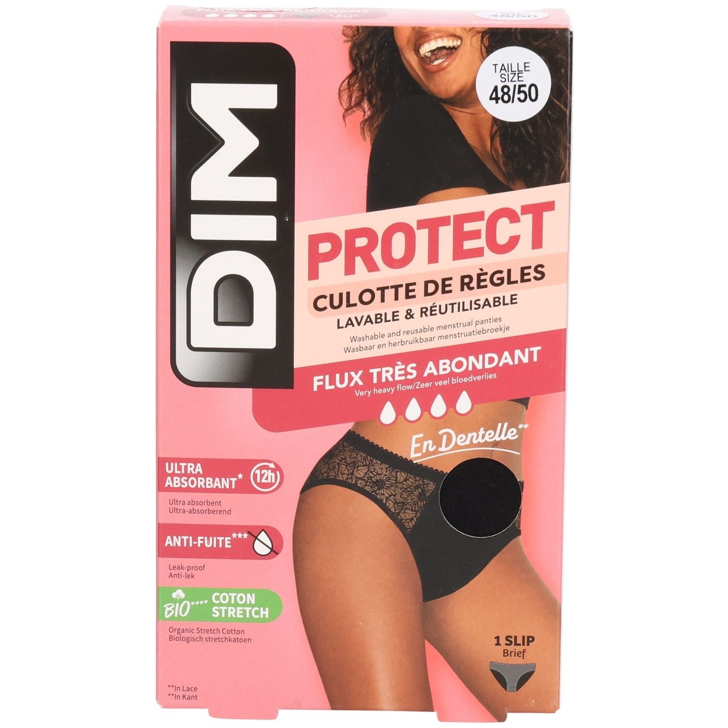 Boîte DIM Protect culotte de règles, taille 48/50, noire. Inscription: Ultra absorbant, anti-fuite, coton bio.