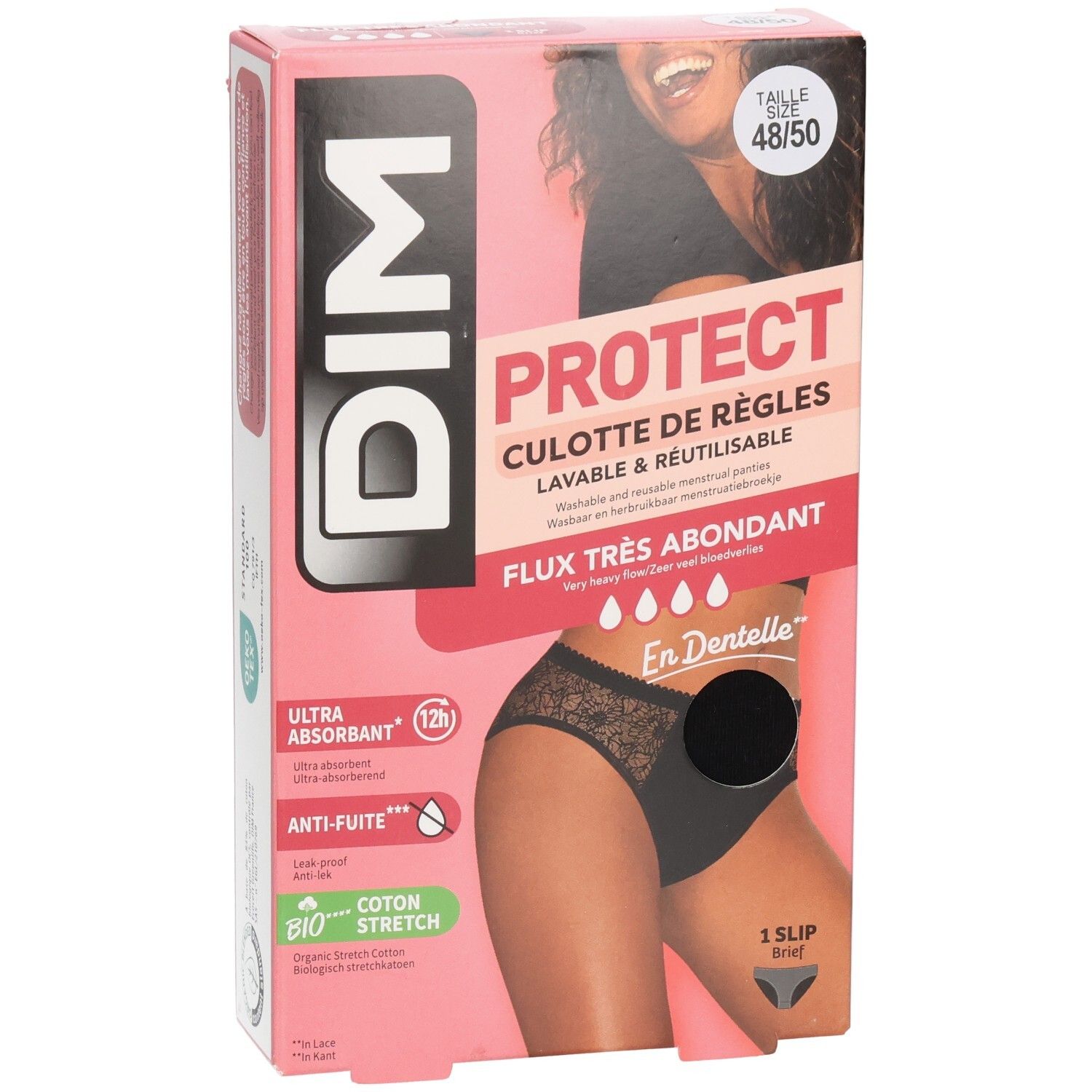 Boîte DIM Protect culotte de règles, taille 48/50, noire. Inscription: Ultra absorbant, anti-fuite, coton bio.