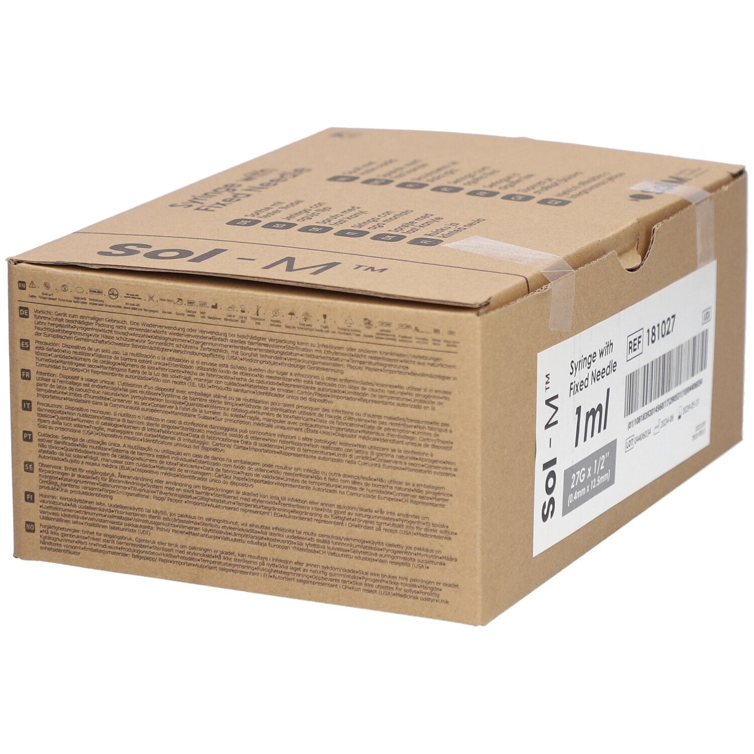 Boîte de seringues à aiguille fixe. Inscriptions : Sol-M, 1 ml, 27G x 1/2. Référence 181027.