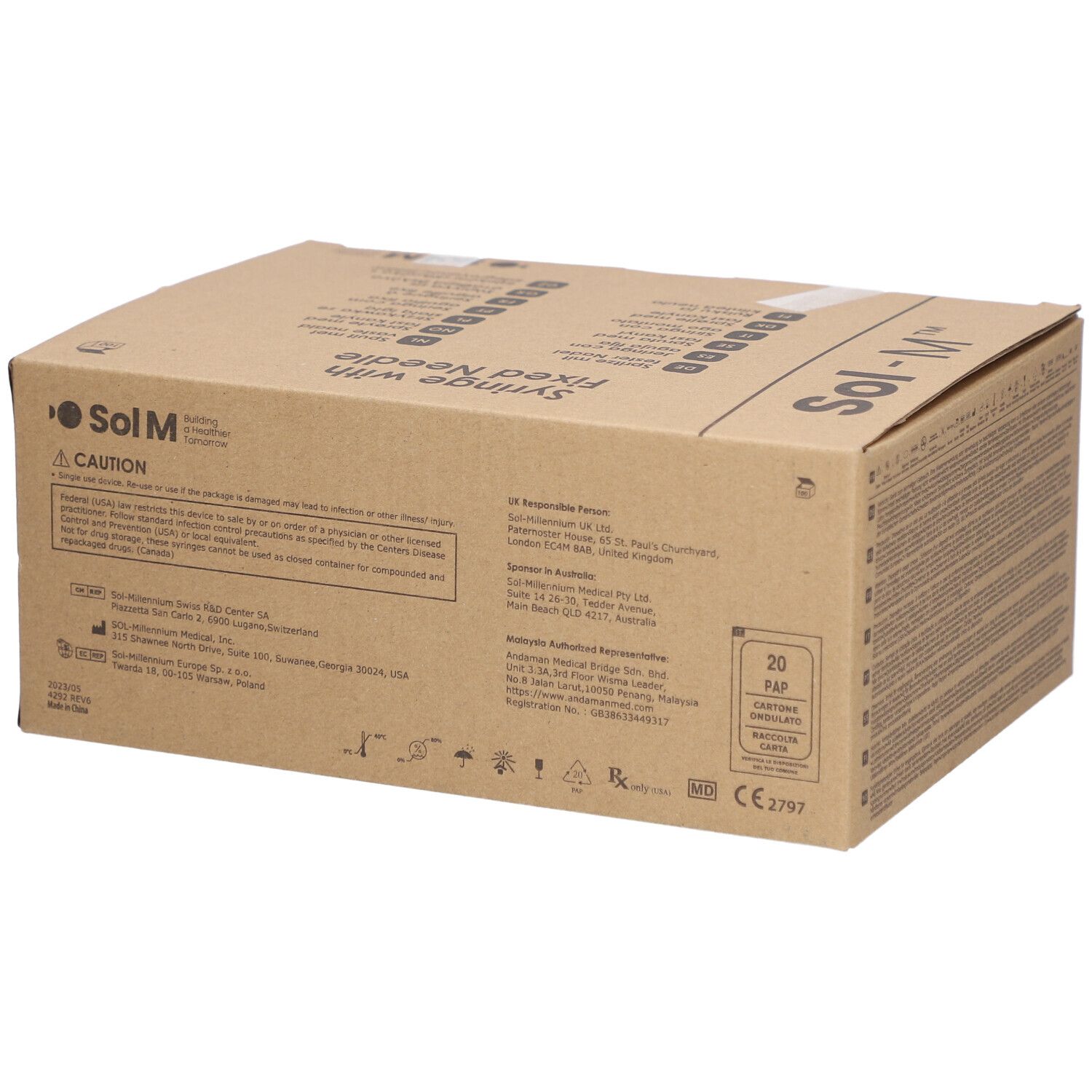 Boîte de seringues à aiguille fixe. Inscription : Sol-M. Dos avec texte et marquage CE.