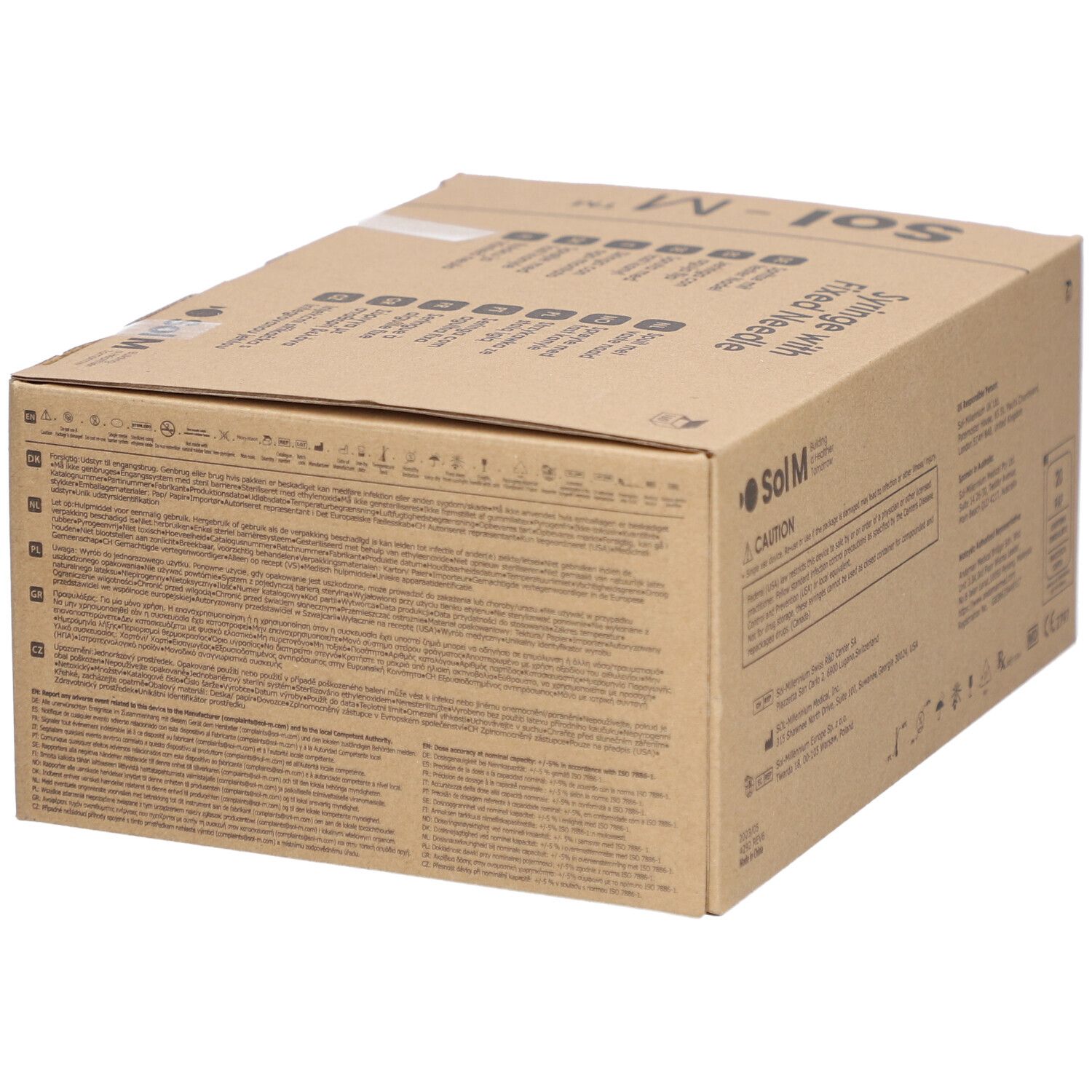 Boîte de seringues à aiguille fixe. Inscription : Sol-M. Dos avec texte.