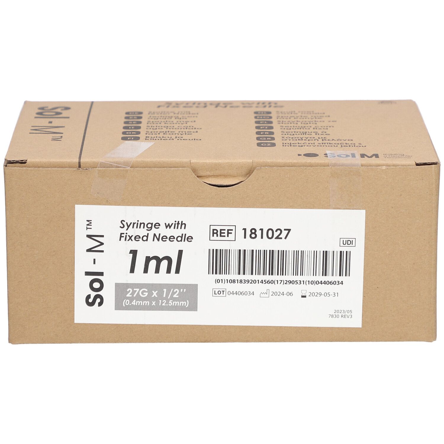 Boîte de seringues à aiguille fixe. Inscriptions : Sol-M, 1 ml, 27G x 1/2. Référence 181027.