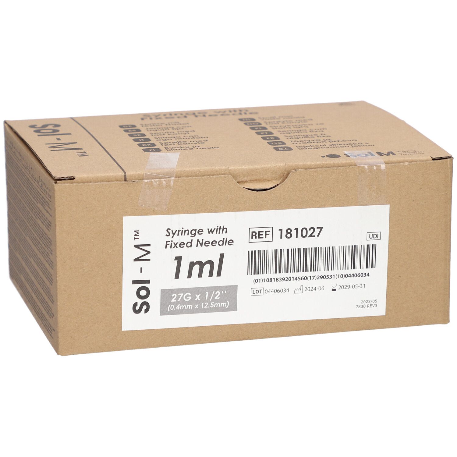 Boîte de seringues à aiguille fixe. Inscriptions : Sol-M, 1 ml, 27G x 1/2. Référence 181027.